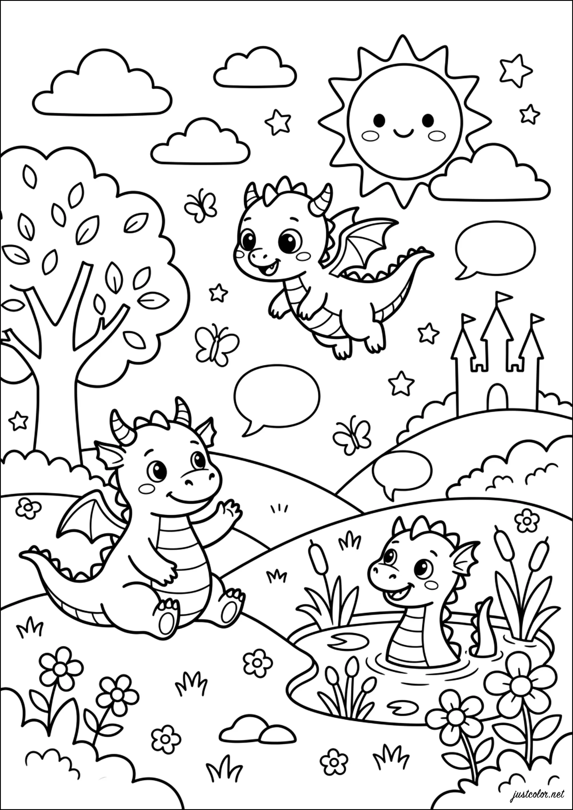 Aventura alegre de los Dragones sonrientes (Página para imprimir para niños)