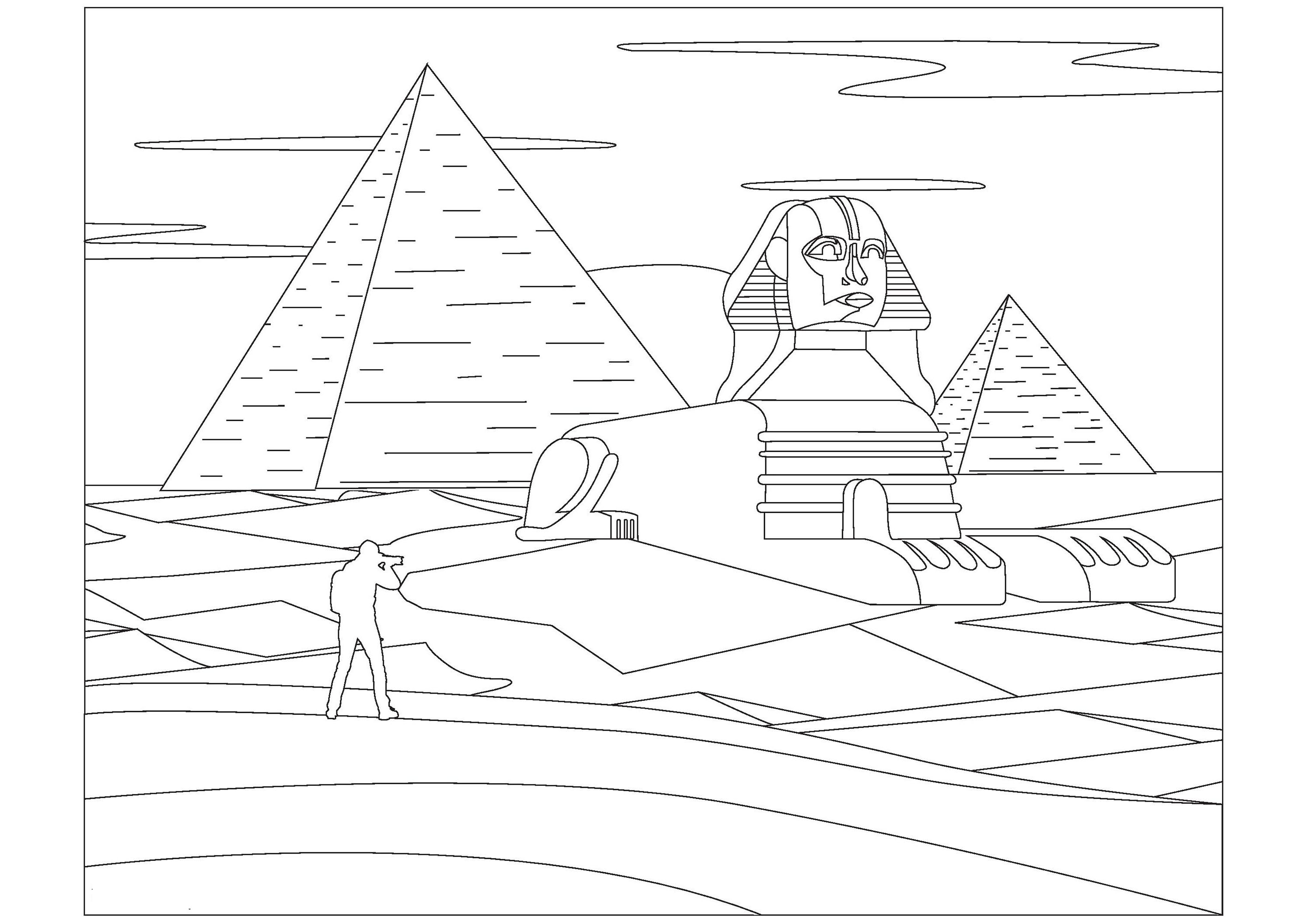 Colorear la Esfinge y las Pirámides de Egipto. La Esfinge es una estatua de piedra que se construyó hace mucho tiempo en Egipto. Tiene la cabeza de un faraón y el cuerpo de un león. Las Pirámides son edificios de piedra muy grandes y antiguos construidos también en Egipto, se utilizaban como tumbas para los faraones.