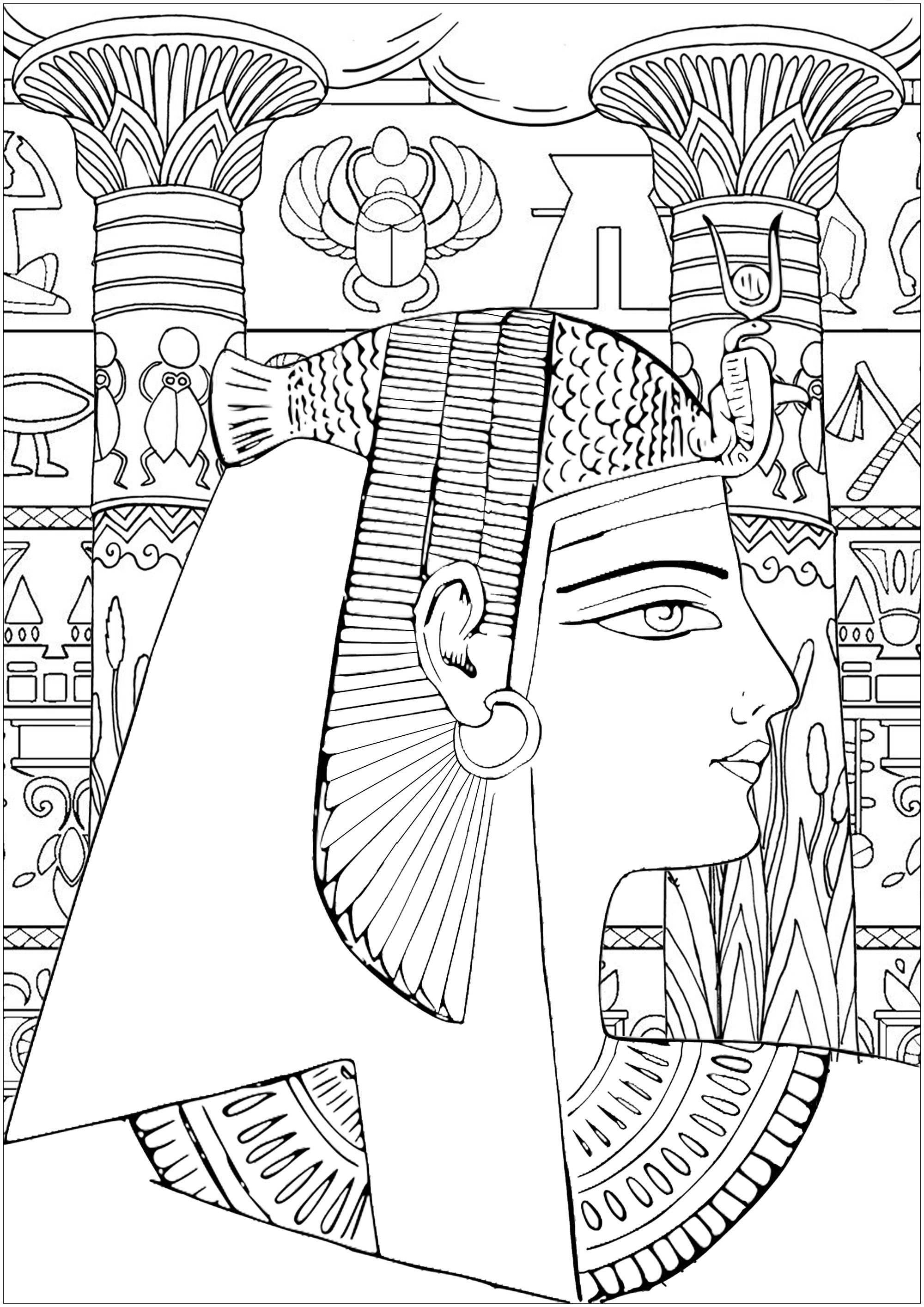Una reina de Egipto, con jeroglíficos y pilares decorados para colorear.