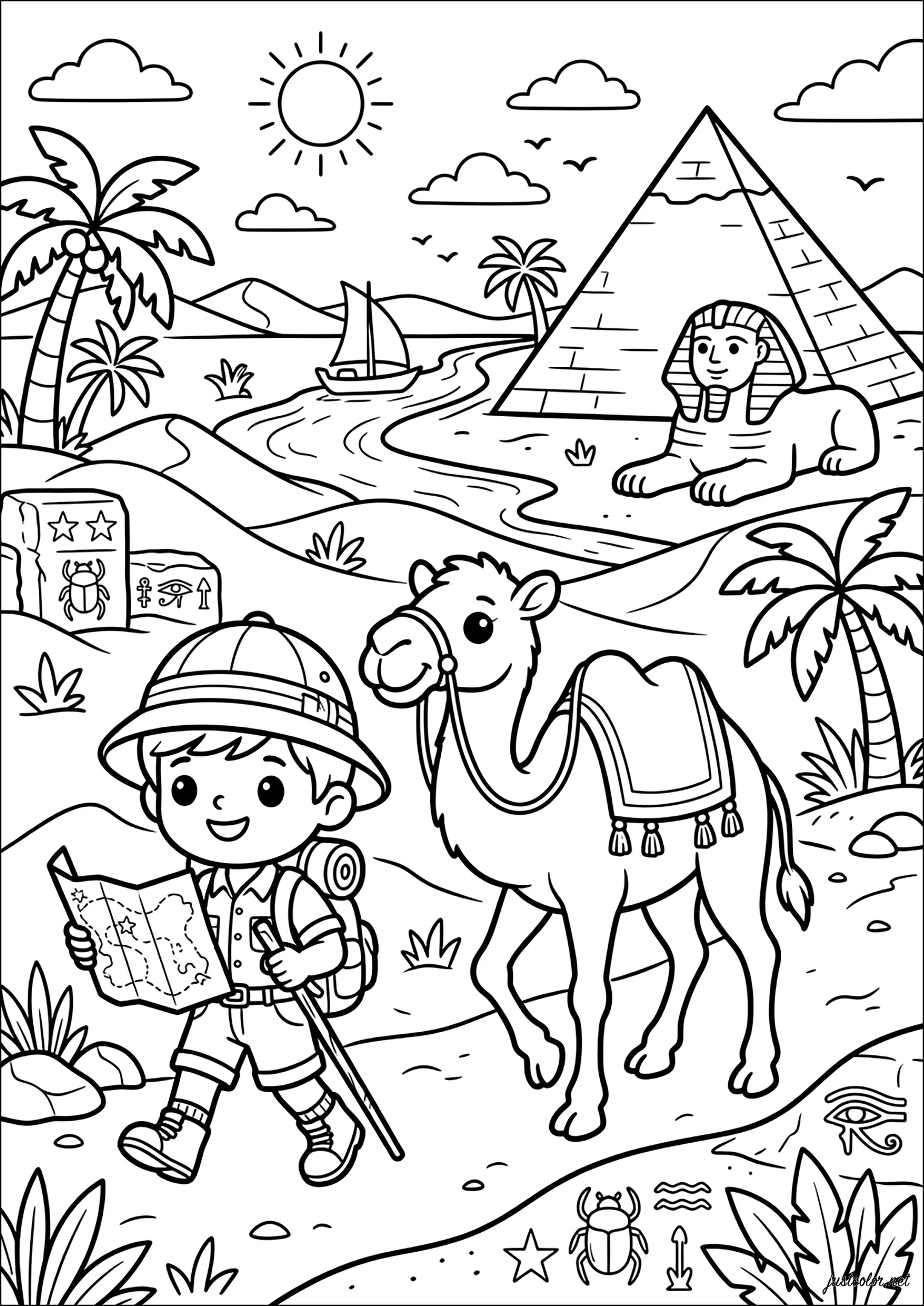 Pequeño explorador y su camello en el país de las pirámides (Página de Egipto para imprimir para niños)