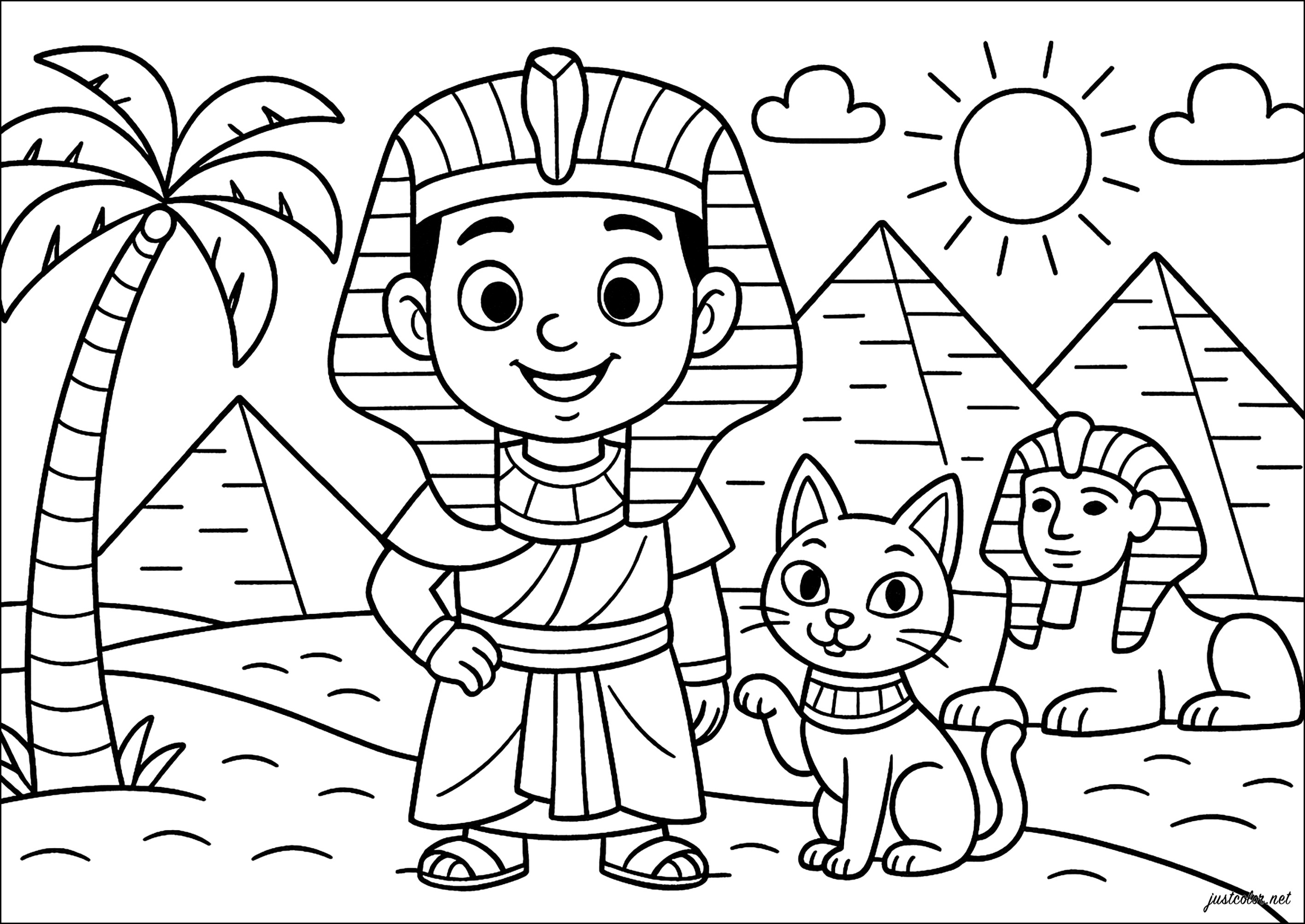 Joven faraón y su gato (Página de Egipto para imprimir para niños)