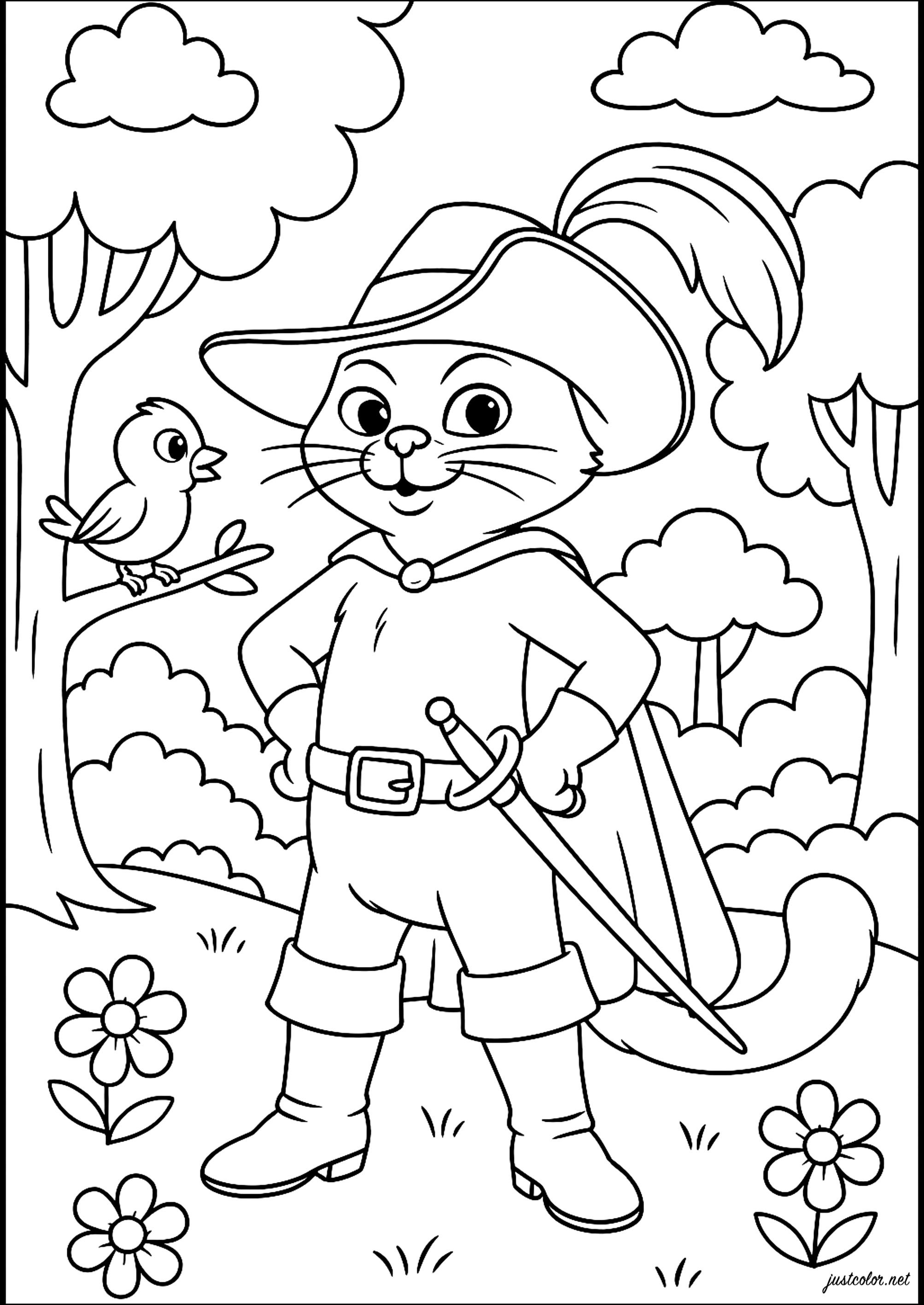 El gato y su amigo pájaro (Página de El gato con botas para imprimir para niños)