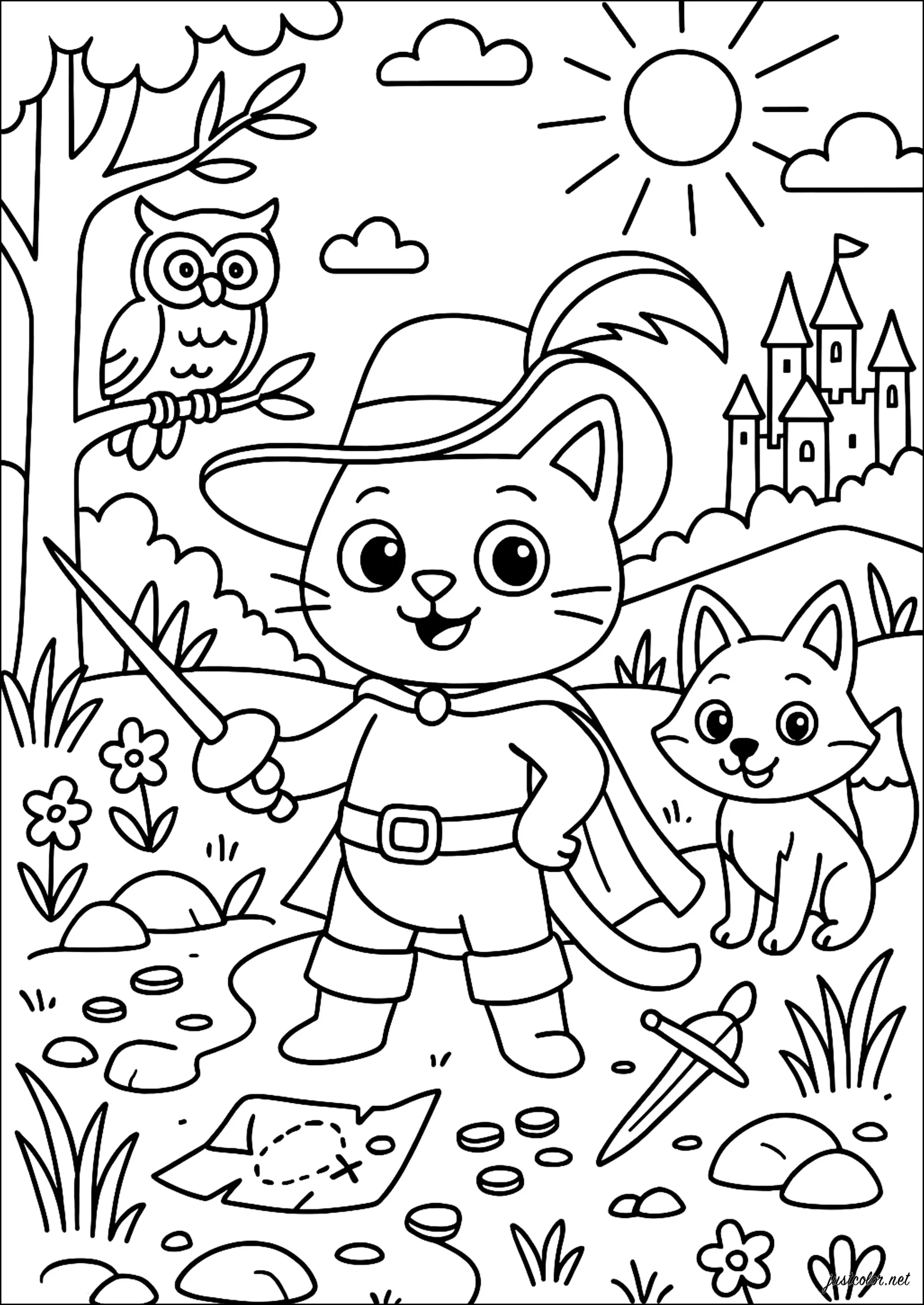 El Gato con Botas y sus compañeros (Página para imprimir para niños)