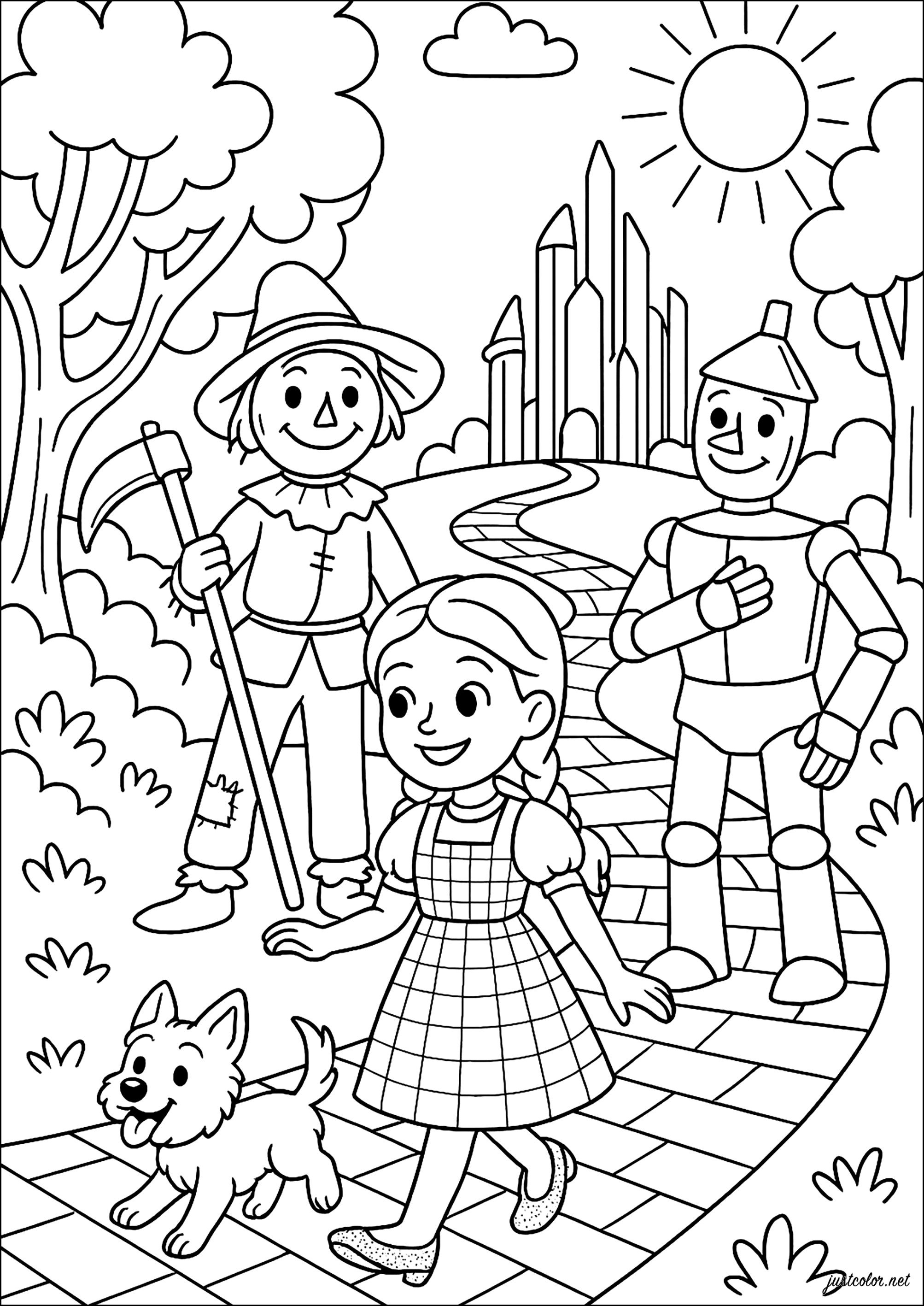 La aventura mágica en el camino de ladrillos amarillos (Página de El mago de Oz para imprimir para niños)