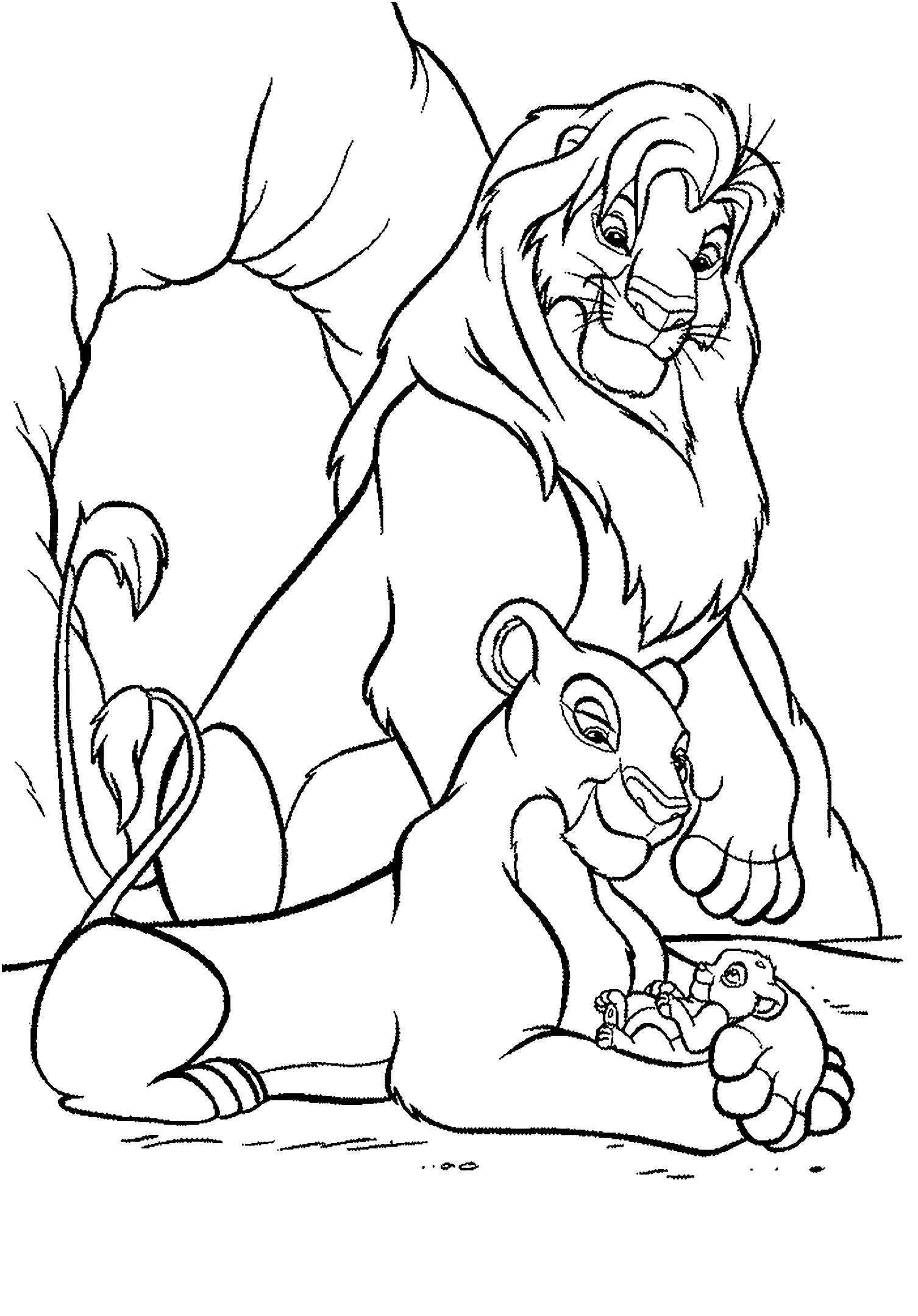 Página para colorear de El Rey León (Disney) con Nala, Mufasa y Simba