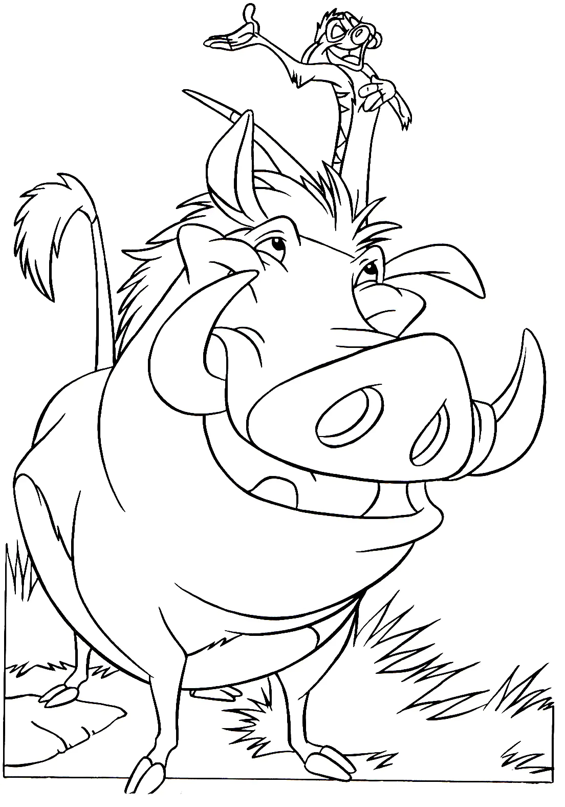 Pumbaa con Timón (Página de El rey León para imprimir para niños)