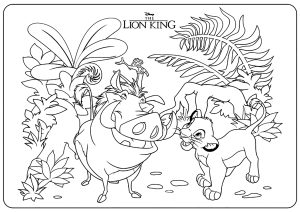 Página de para imprimir para niños : El rey León: El joven Simba y sus amigos Timón y Pumba