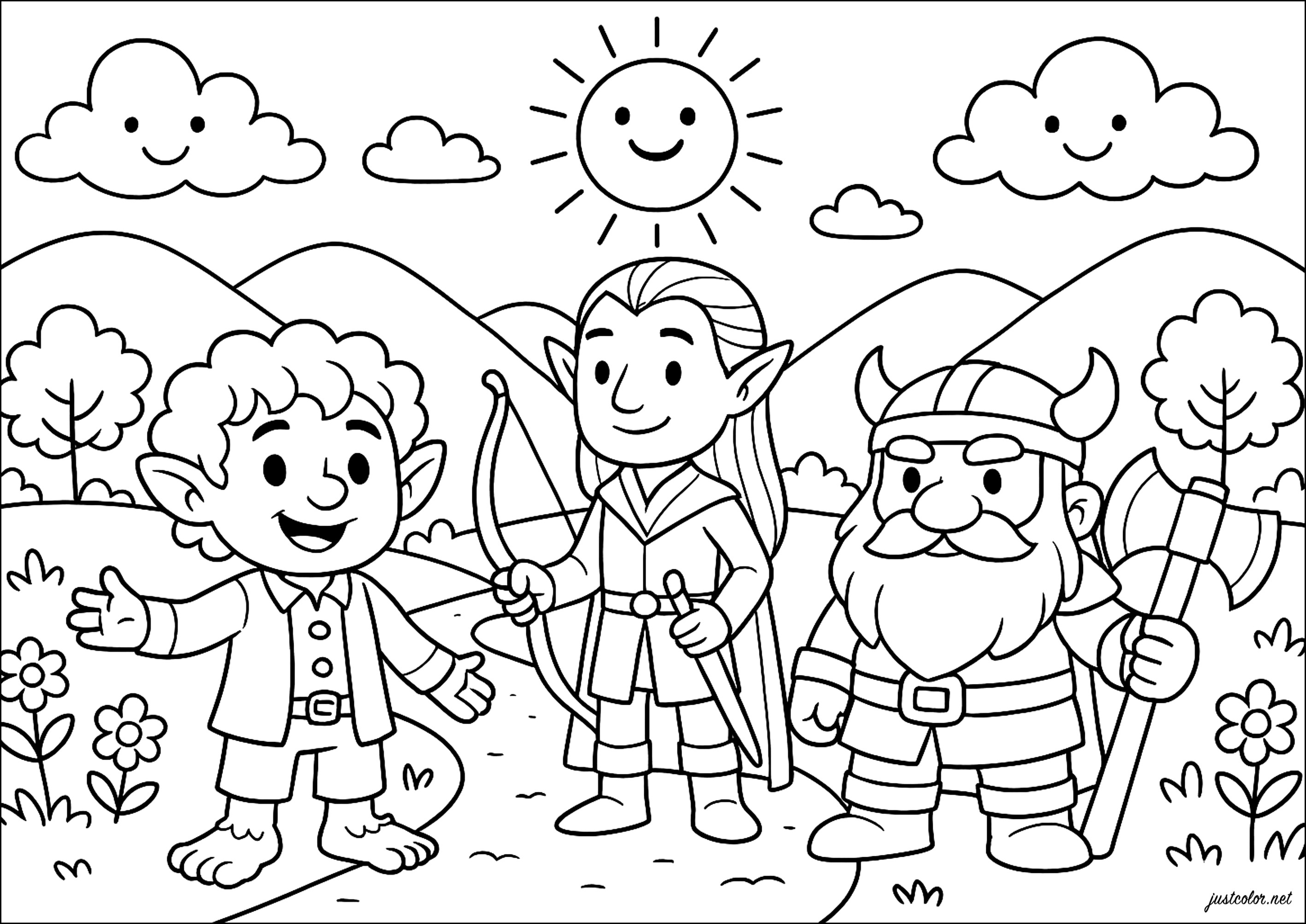 Los héroes de El Señor de los Anillos en dibujos animados (Página para imprimir para niños)