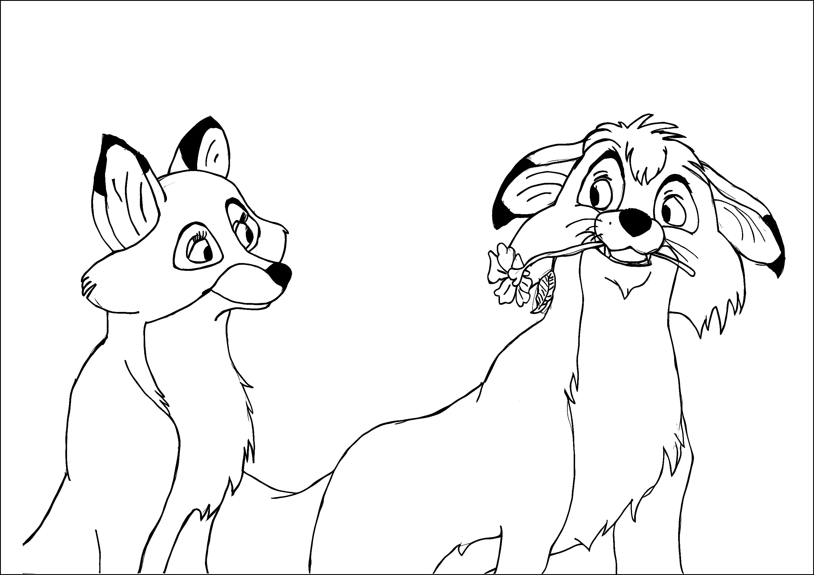 Los dos héroes del clásico de Disney El Zorro y el Sabueso (Página para imprimir para niños)