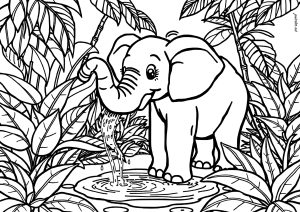 Página de Elefante para imprimir para niños : Pájaro refrescándose en un estanque