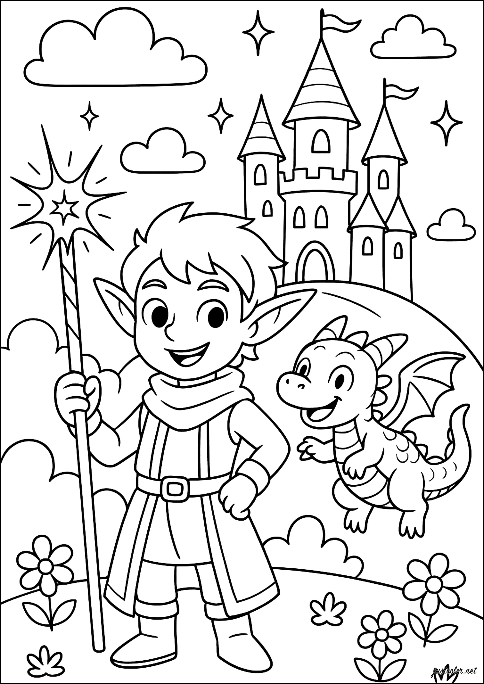 Aventura fantástica con un dragón y un (Página de Elfo para imprimir para niños)