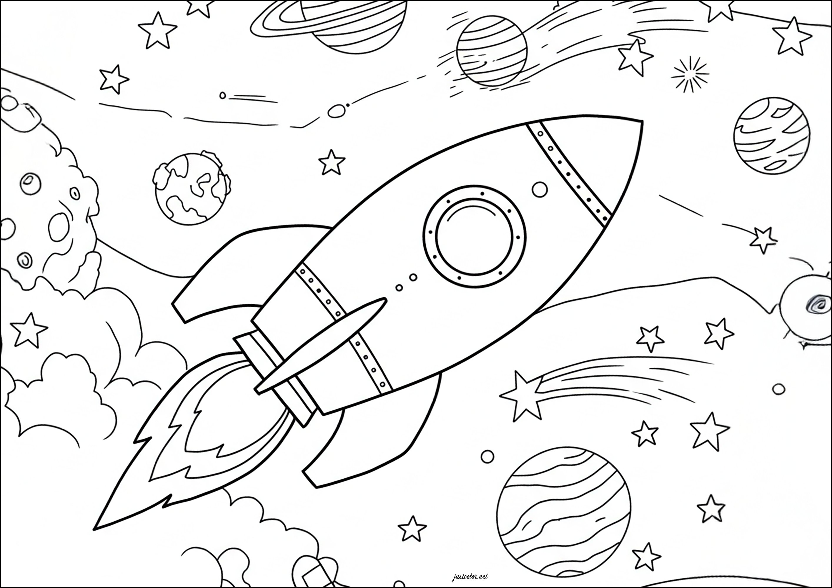 Cohete que viaja por el espacio (Página de Espacio, galaxia, Planetas para imprimir para niños)