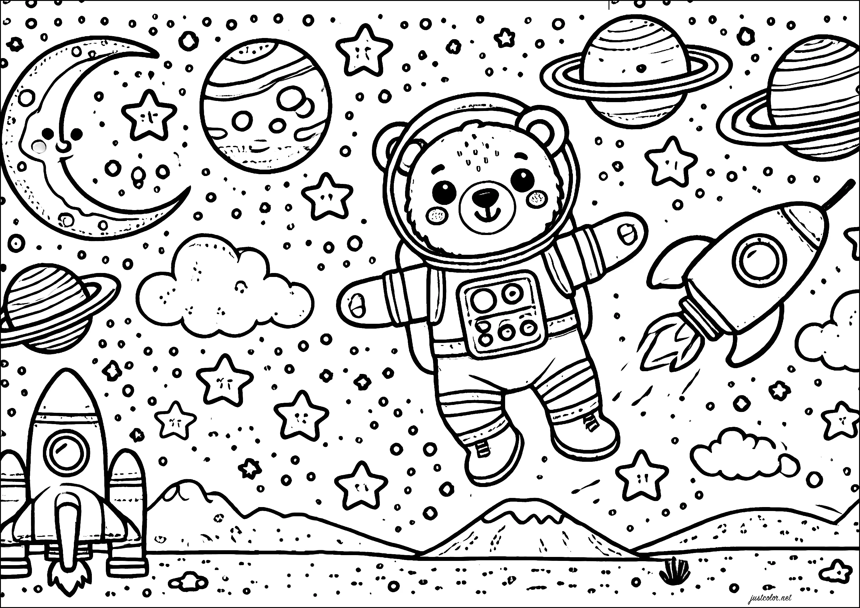 Osito astronauta rodeado de planetas y cohetes (Página de Espacio, galaxia, Planetas para imprimir para niños)