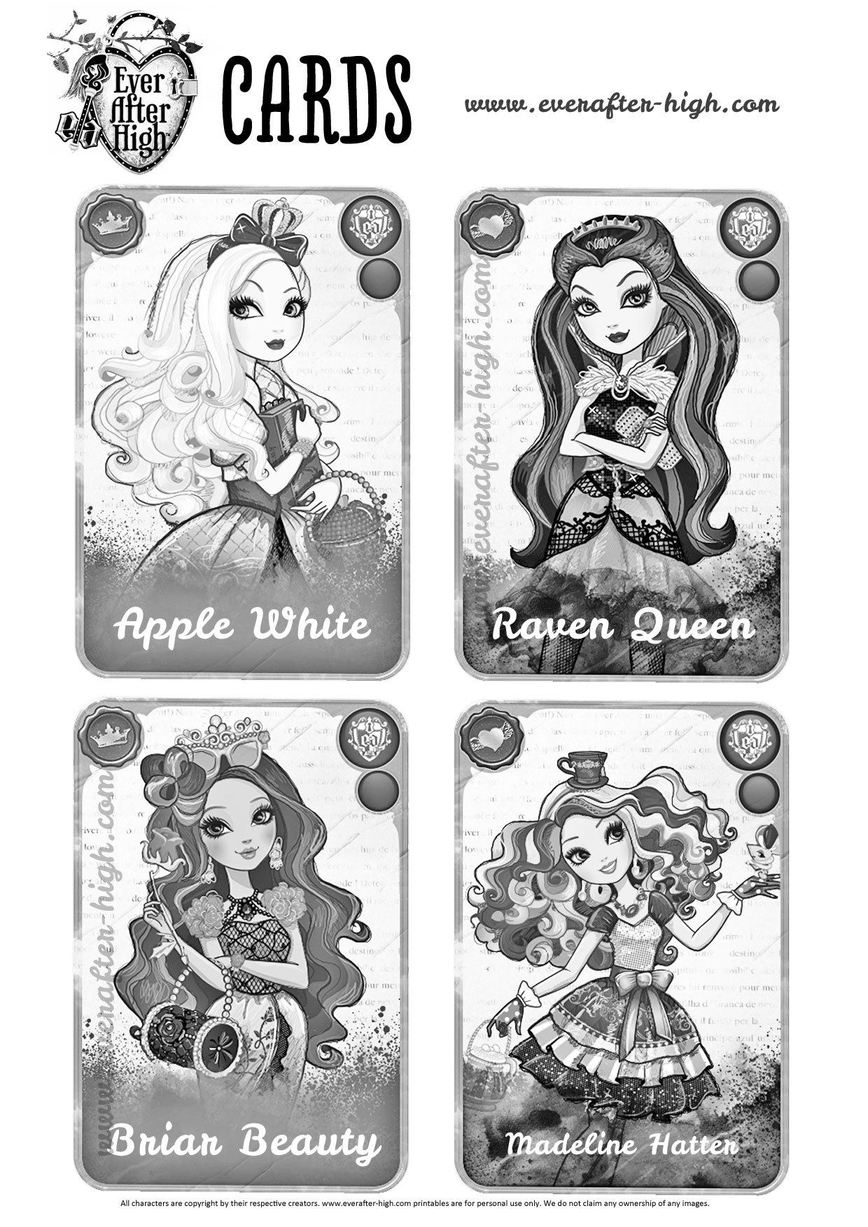 Tarjetas Ever After High para imprimir y colorear