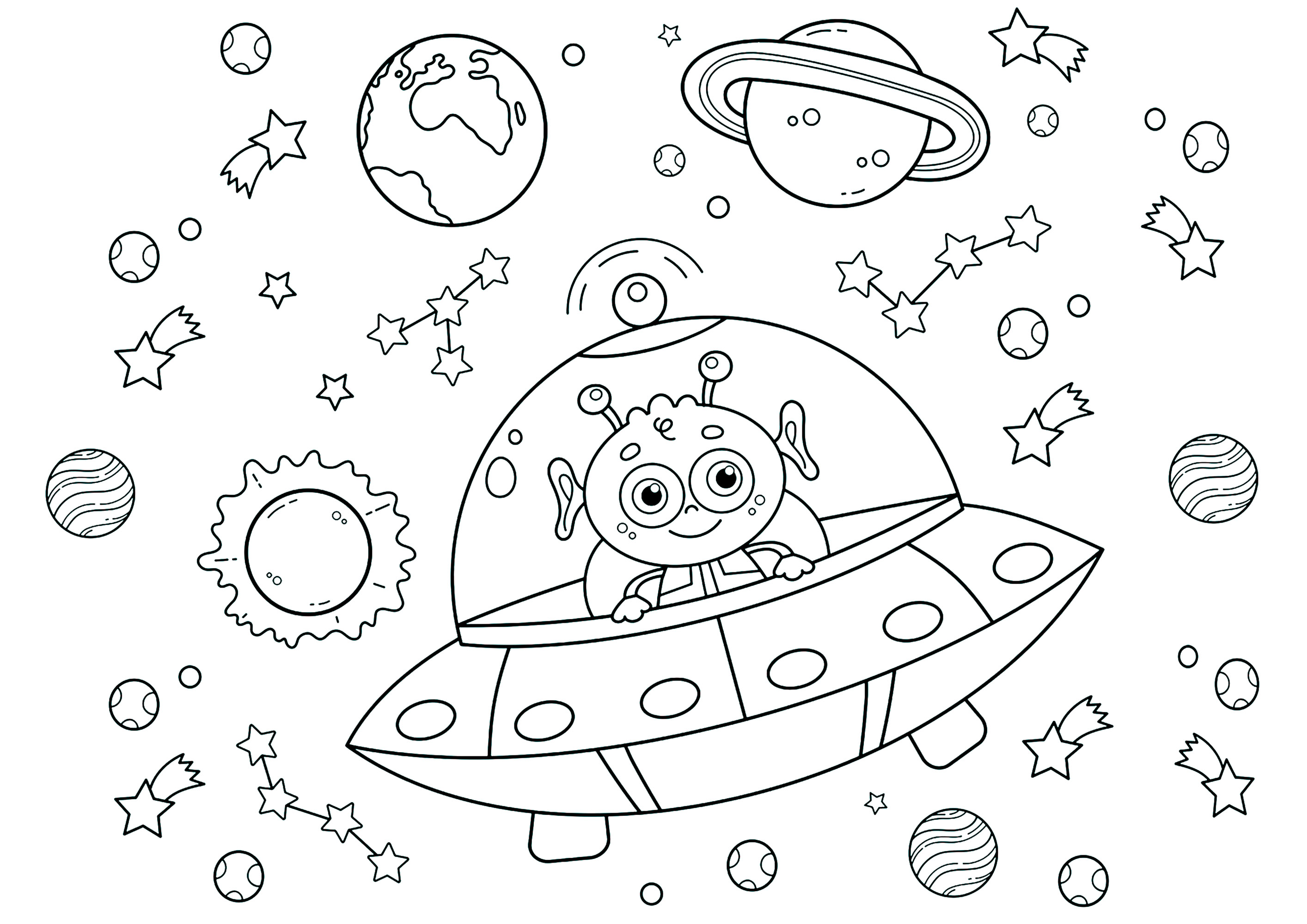 Página de Extranjero para imprimir : Alien en un platillo volante entre los planetas Página de Extranjero para imprimir para niños : Alien en un platillo volante entre los planetas