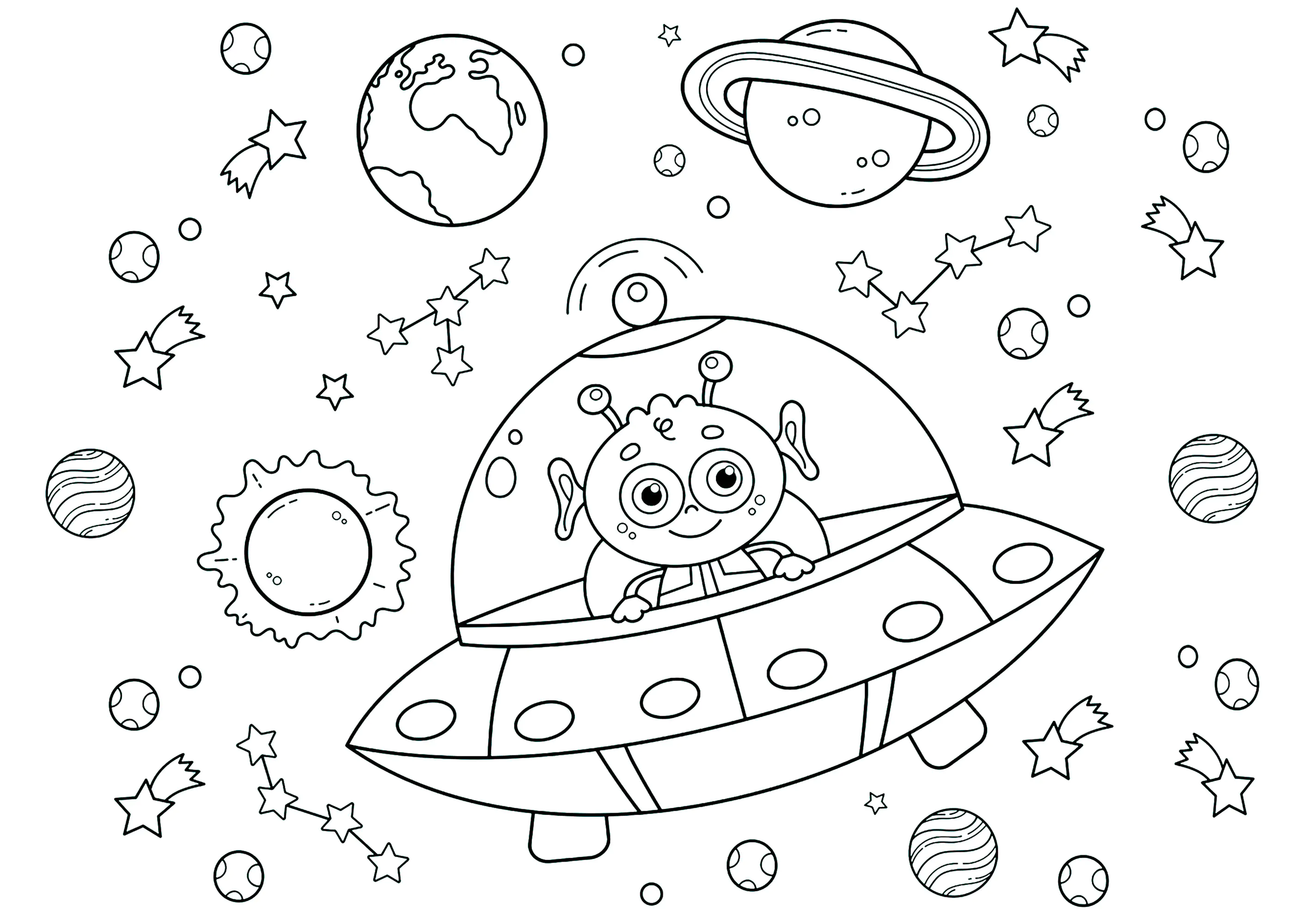 Alien en un platillo volante entre los planetas (Página de Extranjero para imprimir para niños)