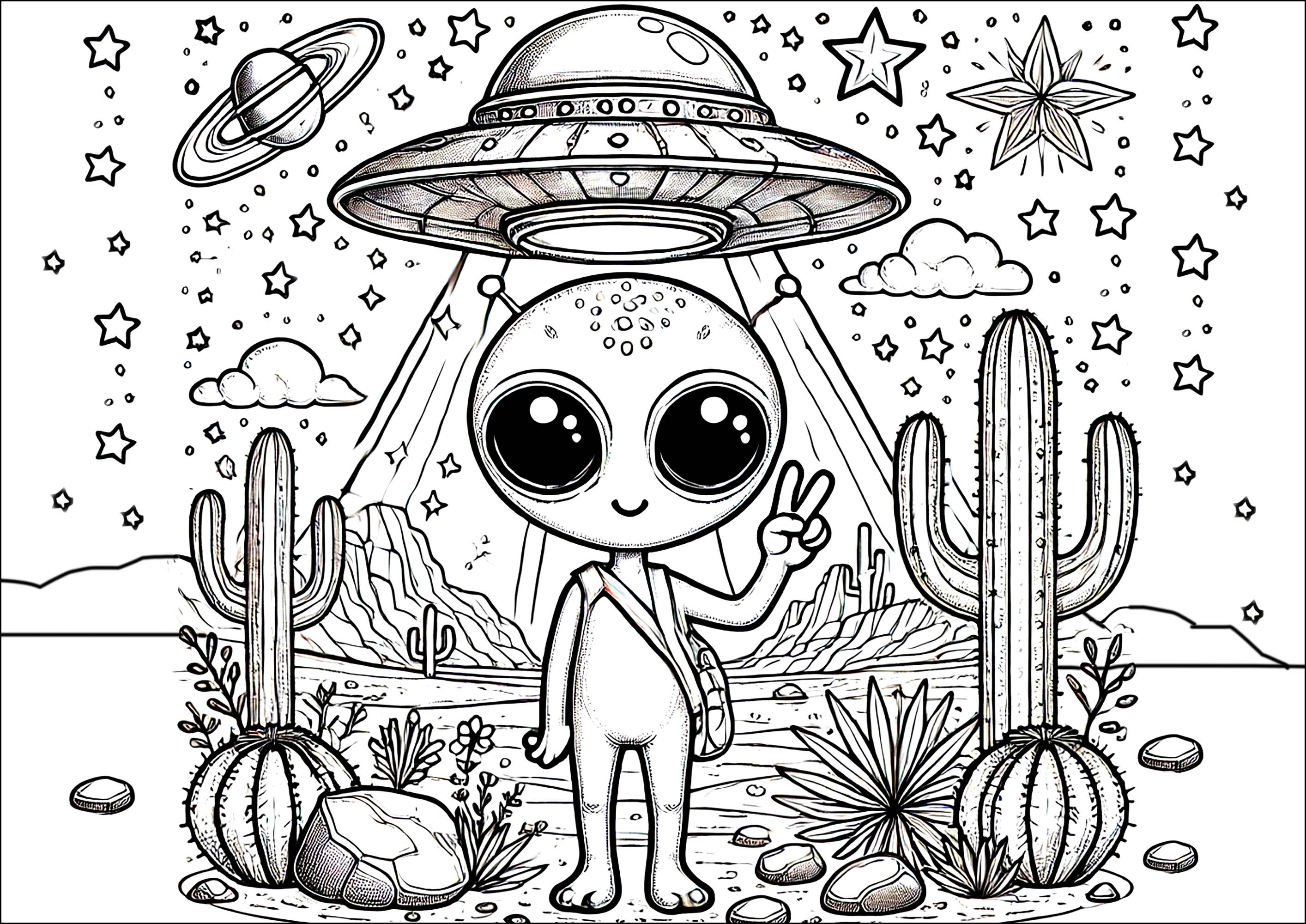 Página de Extranjero para imprimir : Alien aterrizando en el desierto Página de Extranjero para imprimir para niños : Alien aterrizando en el desierto