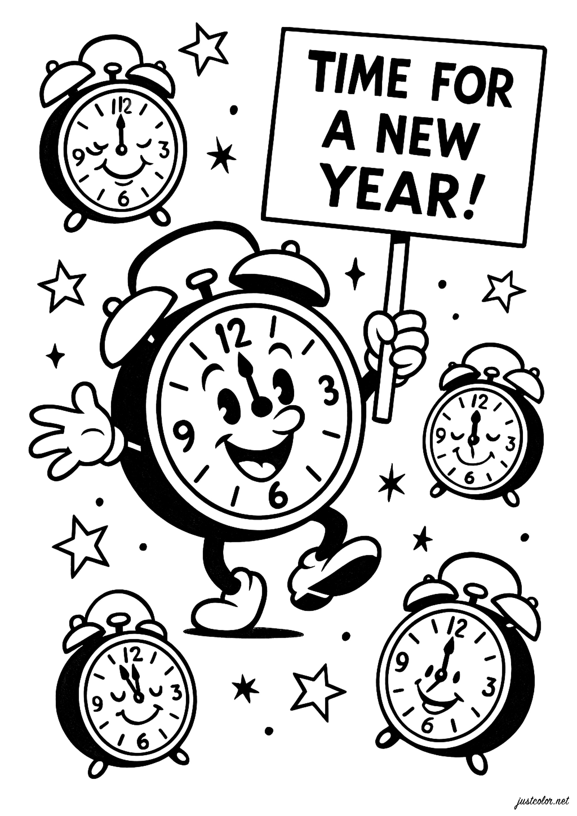 Una alegre celebración del tiempo (Página de Año Nuevo Feliz año nuevo para imprimir para niños)