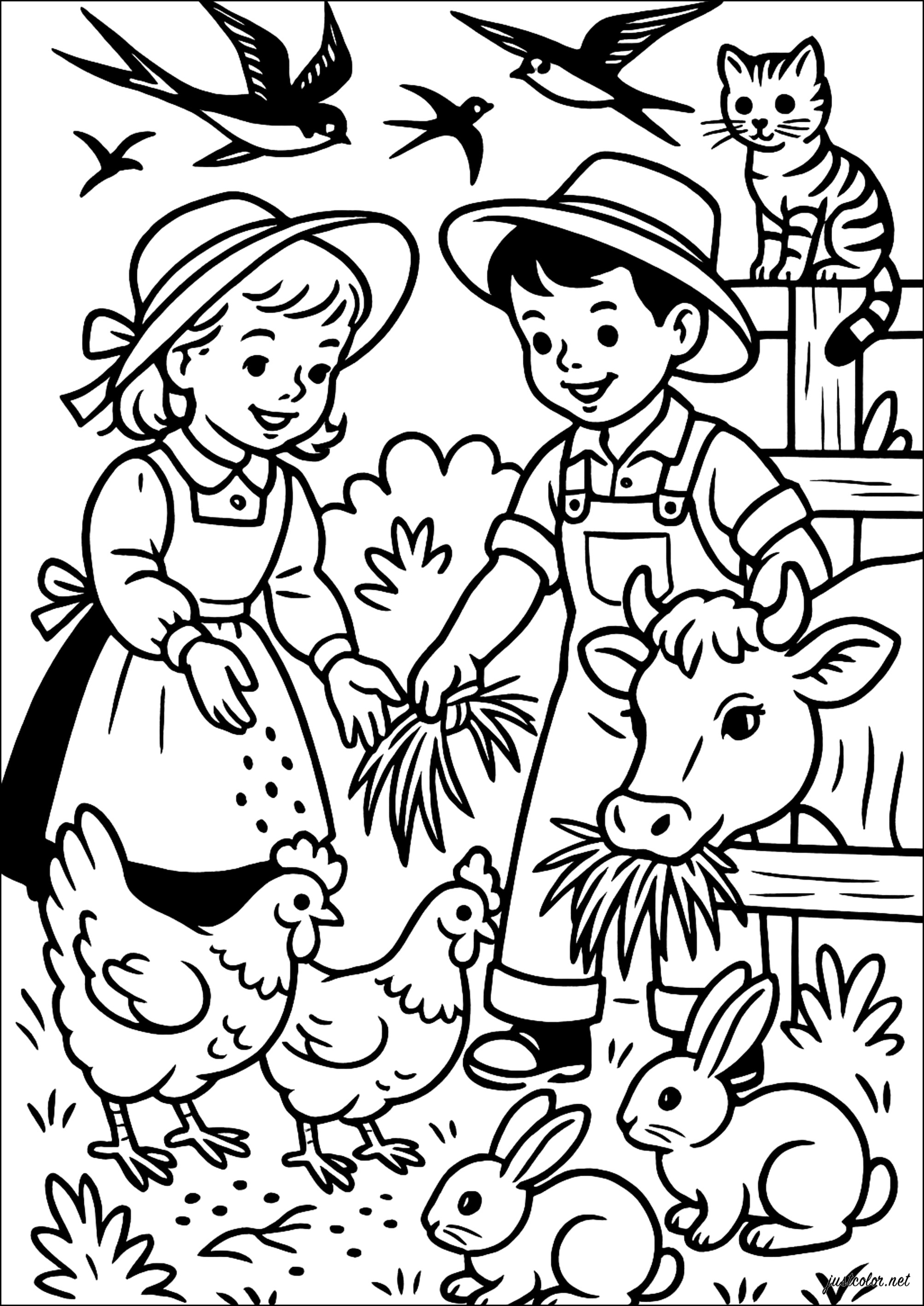 Escena de vintage (Página de En la Granja (tractores, granjero, animales…) para imprimir para niños)