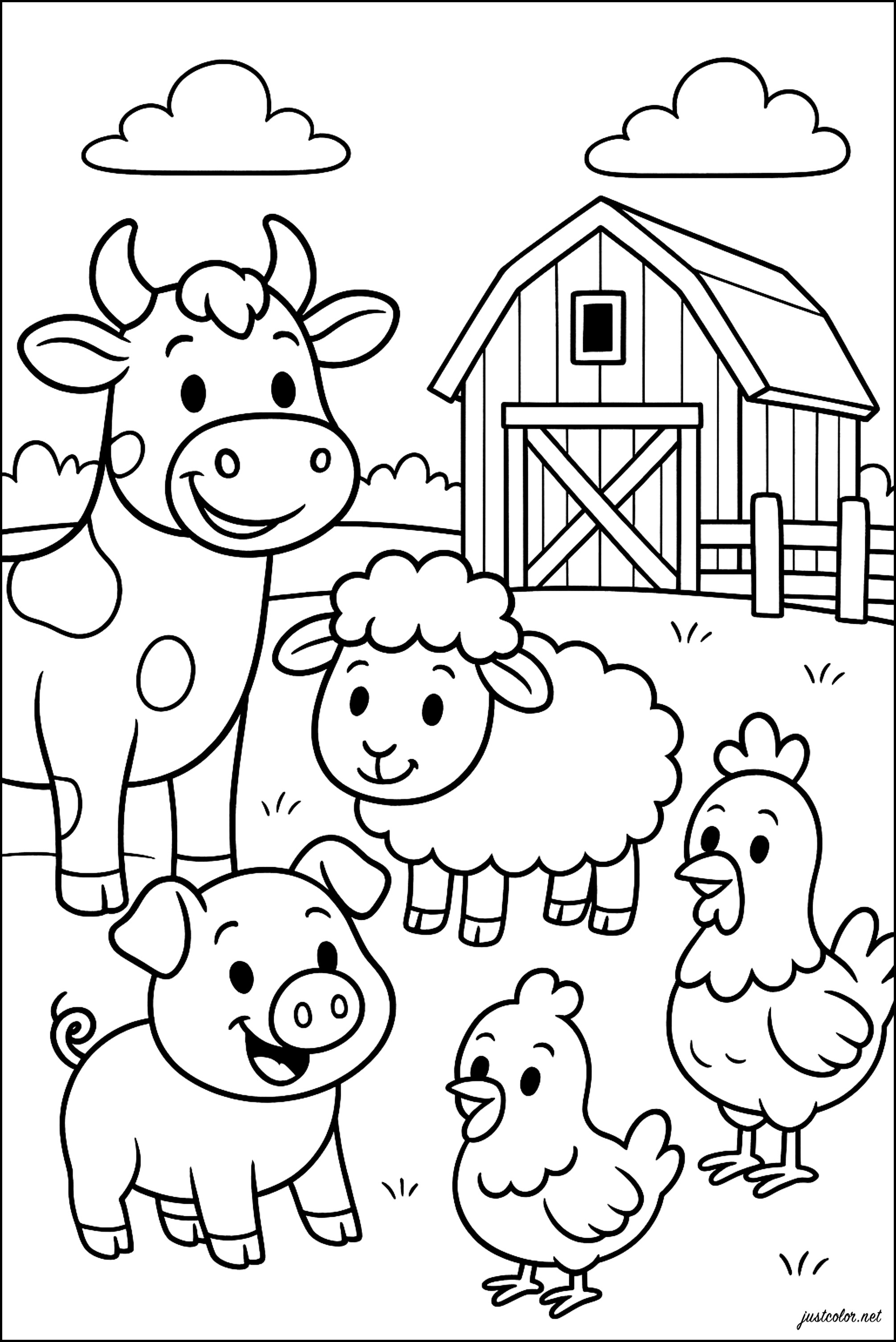 Feliz fiesta en el con todos los animales (Página de En la Granja (tractores, granjero, animales…) para imprimir para niños)