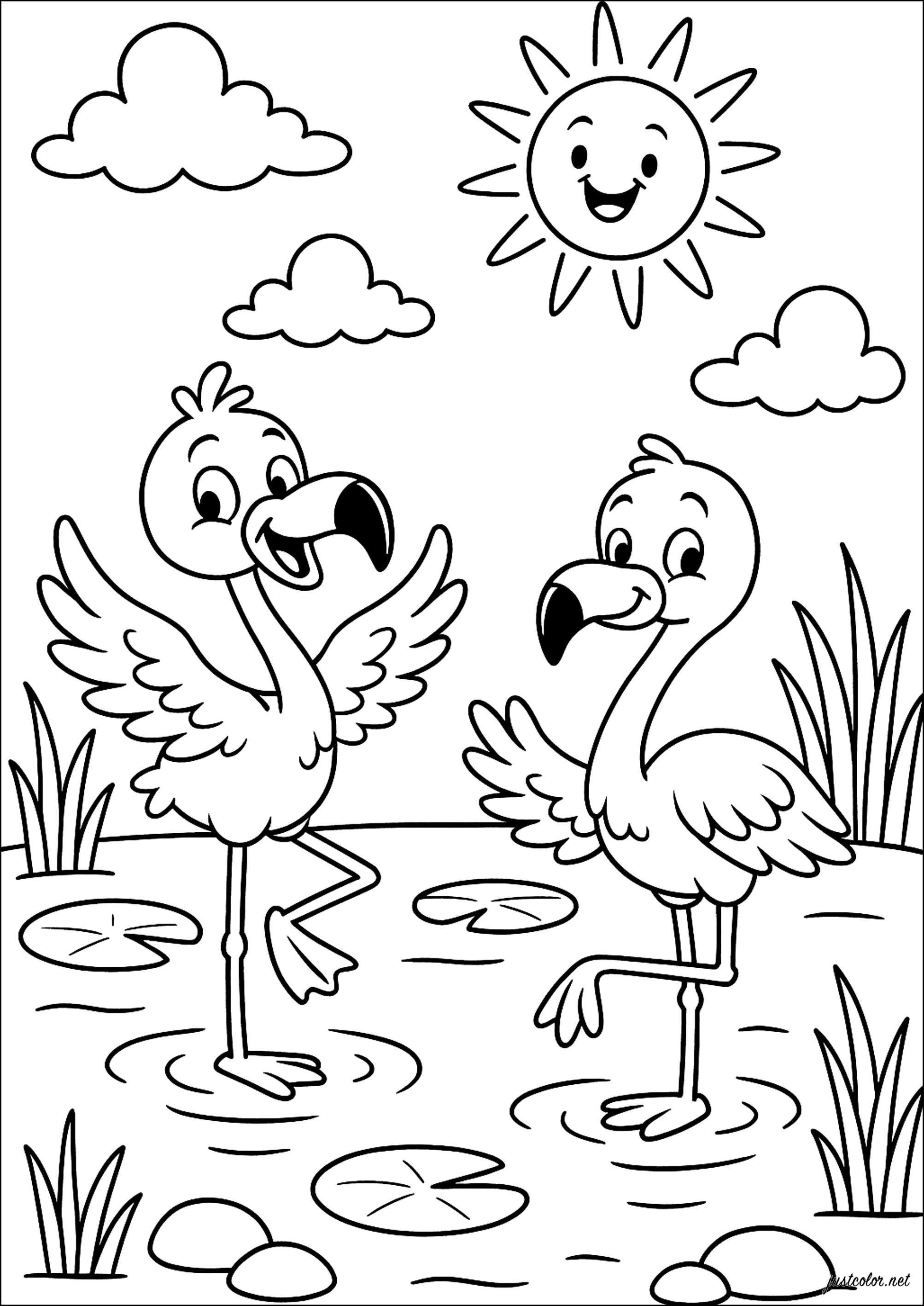 Flamencos rosados alegres bailan al sol (Página para imprimir para niños)