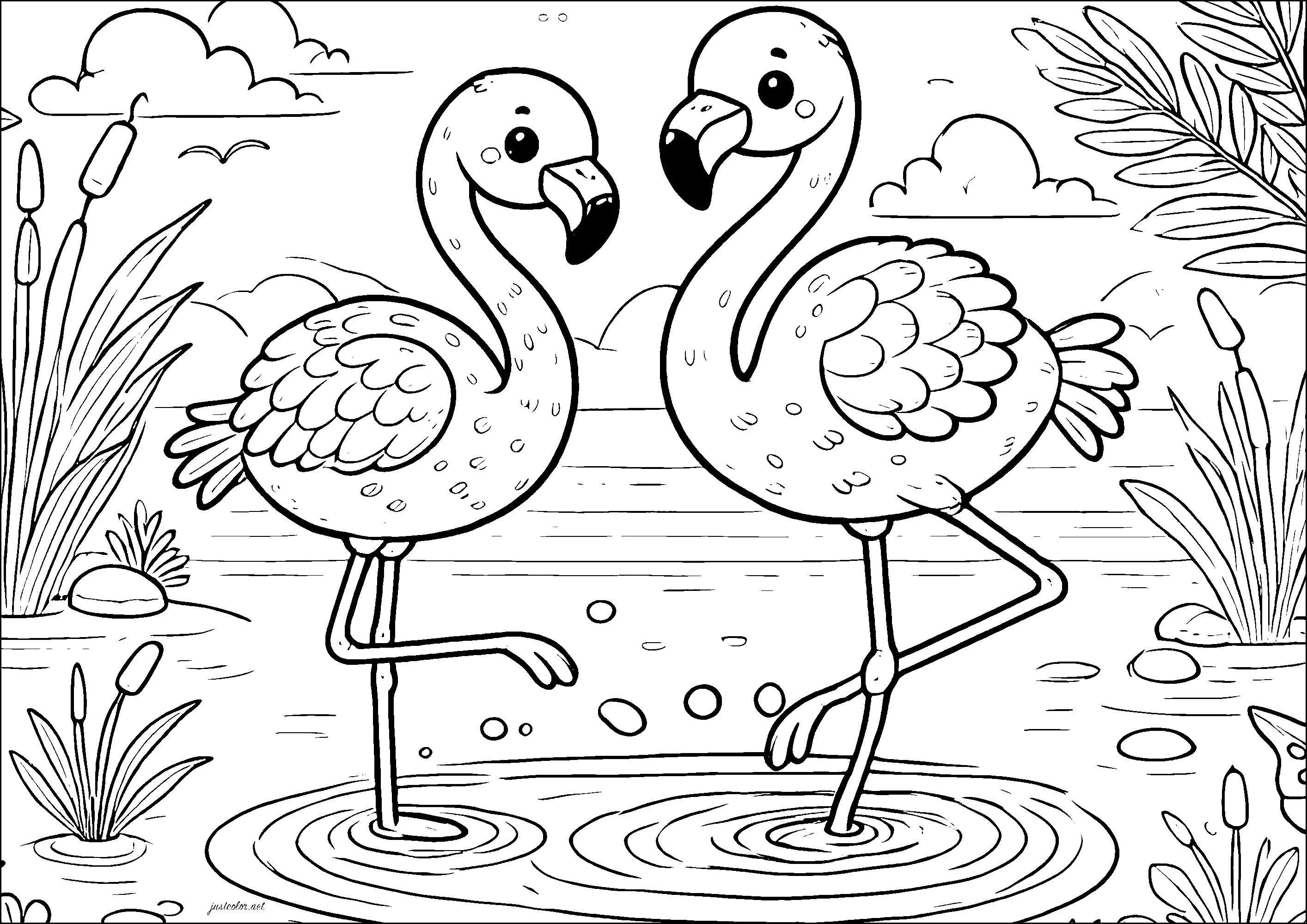 Dos Flamencos rosados en un estanque (Página para imprimir para niños)