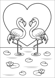 Flamencos rosas con un bonito corazón de fondo (Página de Flamencos rosados  para imprimir)