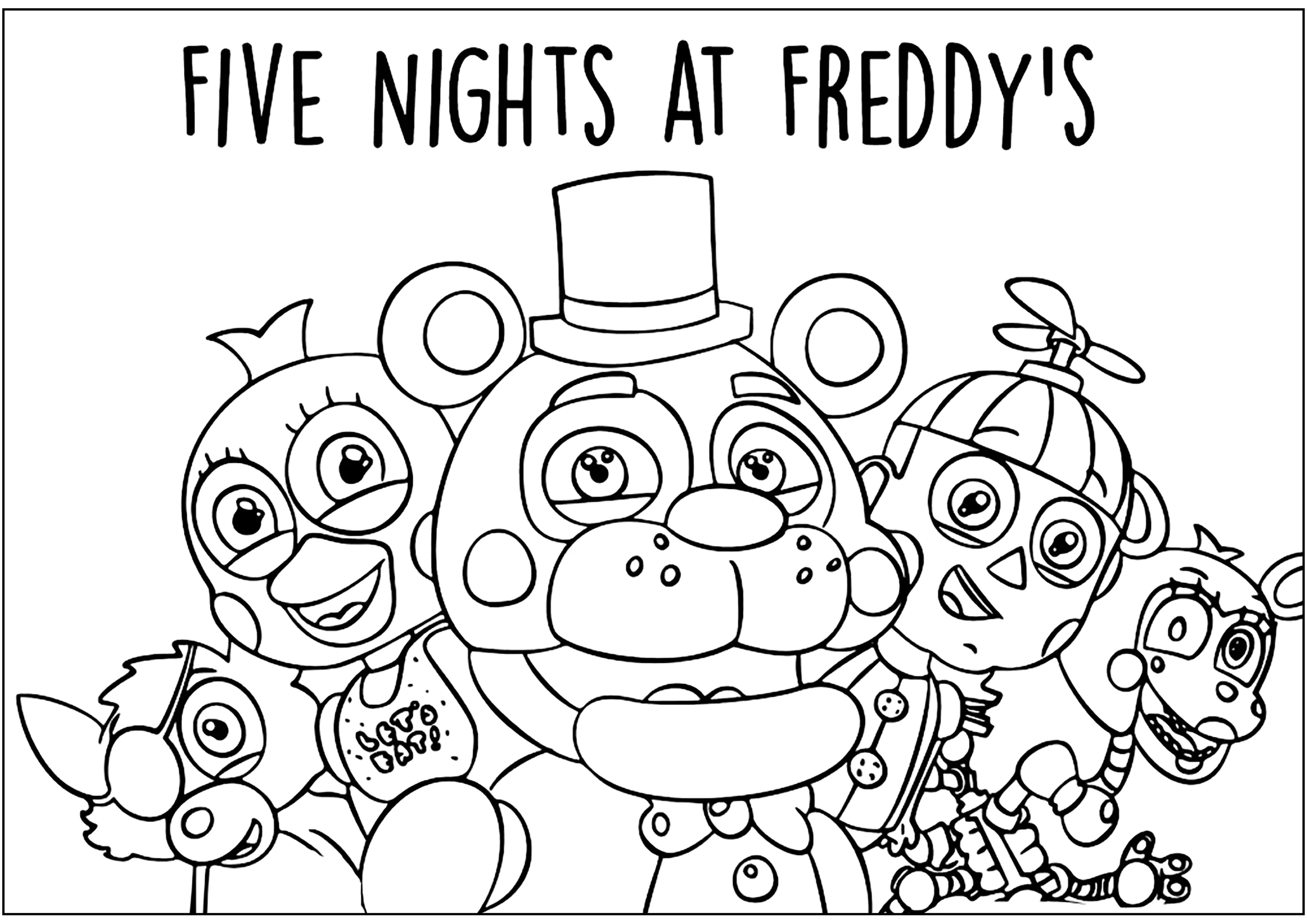 Principales personajes de Five Nights at Freddy's (con texto) (Página de FNAF para imprimir para niños)