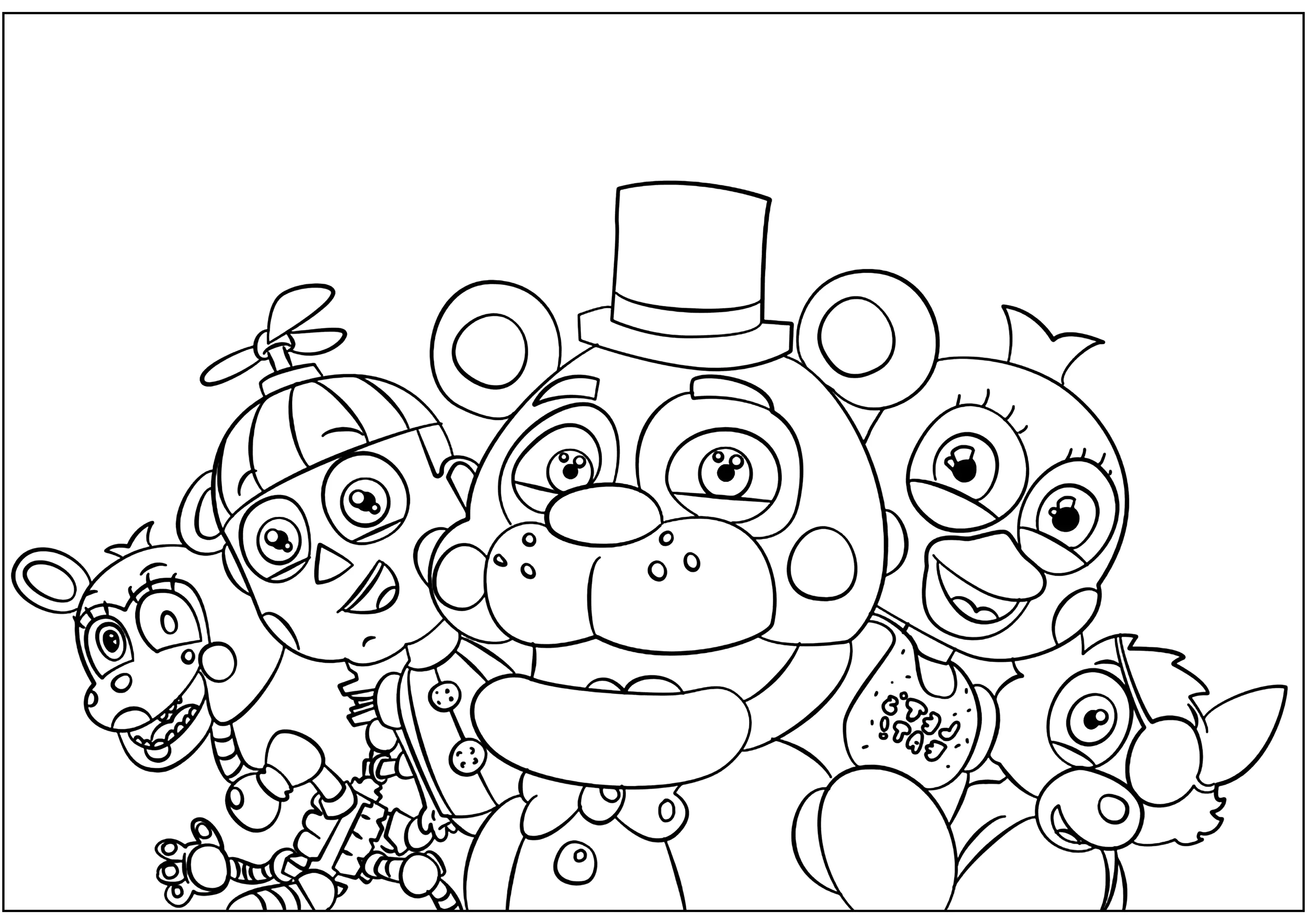 Personajes principales de Five Nights at Freddy's (Página de FNAF para imprimir para niños)