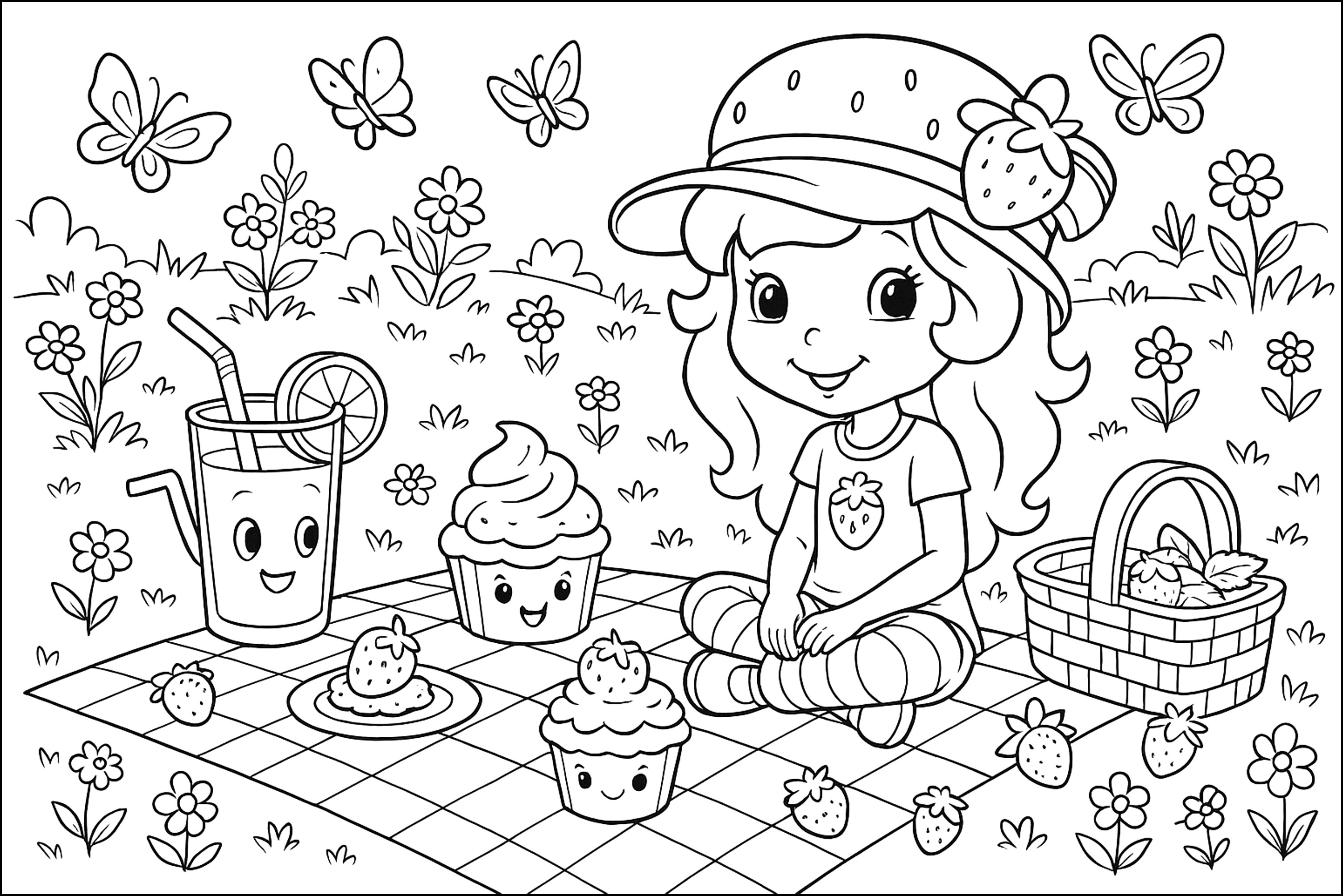 Felices picnics al sol (Página de Tarta de Fresa para imprimir para niños)