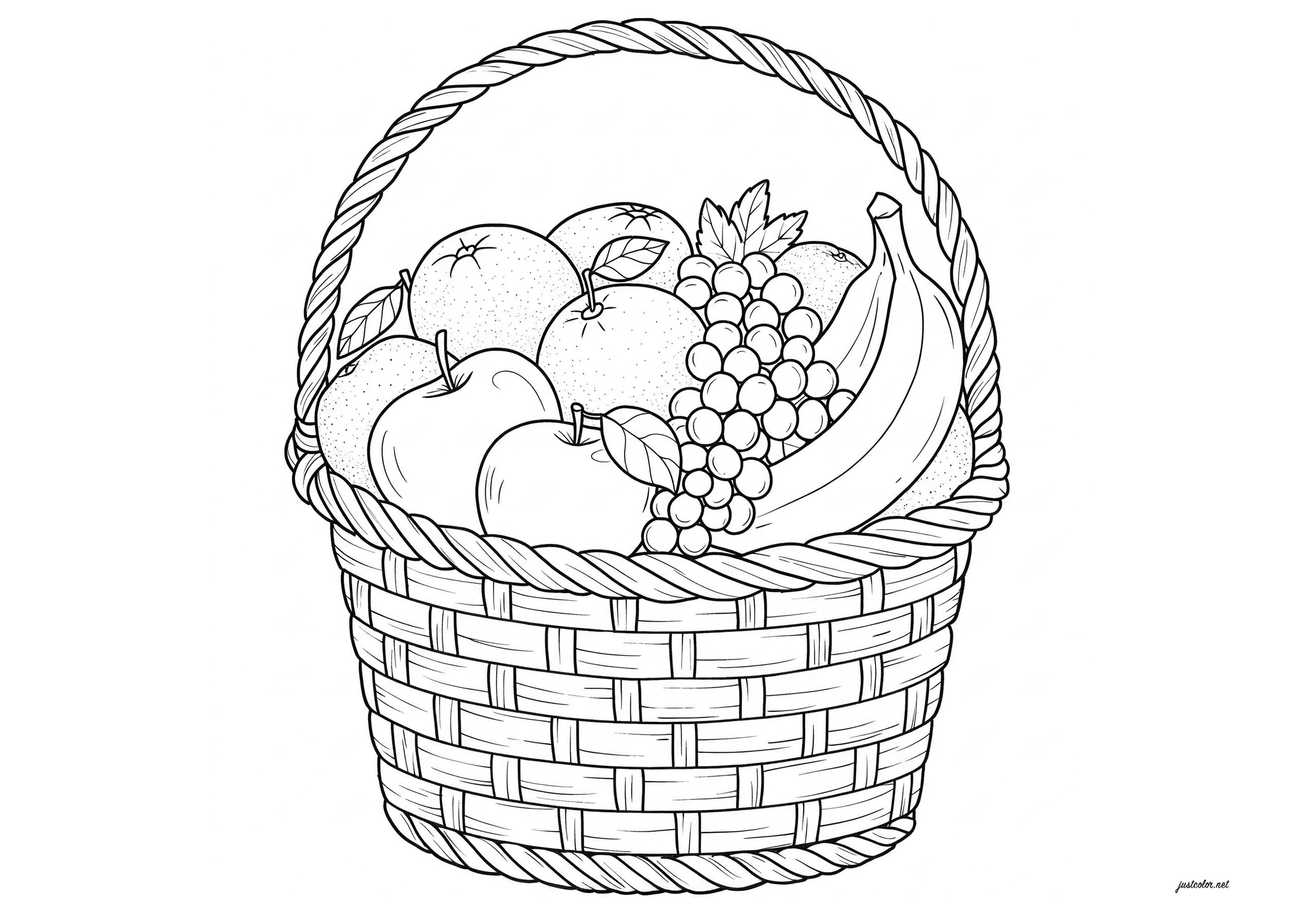 Cesta de fruta: manzanas, uvas, plátanos ... - Páginas de Frutas y verduras  para imprimir, image size:2828x2000