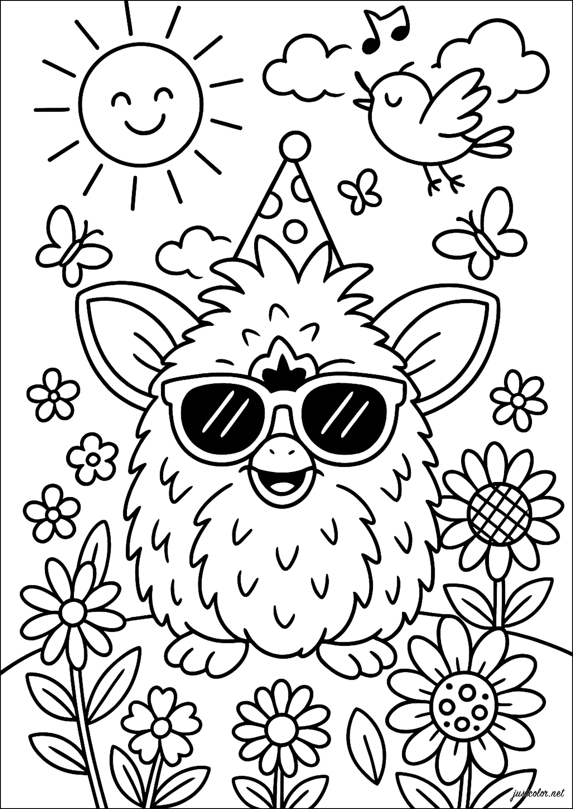 Alegre celebración en el soleado jardín (Página de Furby para imprimir para niños)