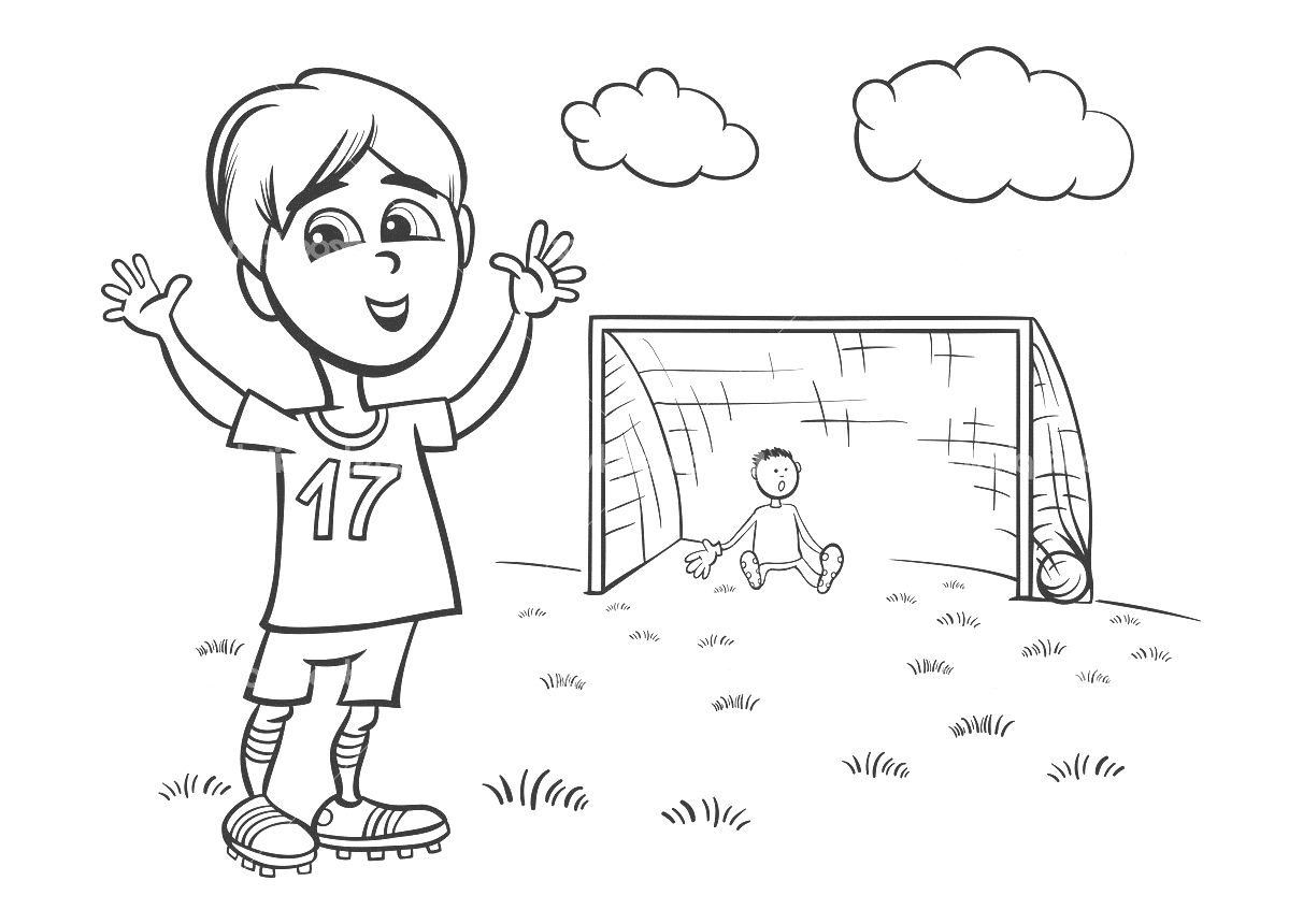 Dibujo de un niño jugando al fútbol, listo para colorear.