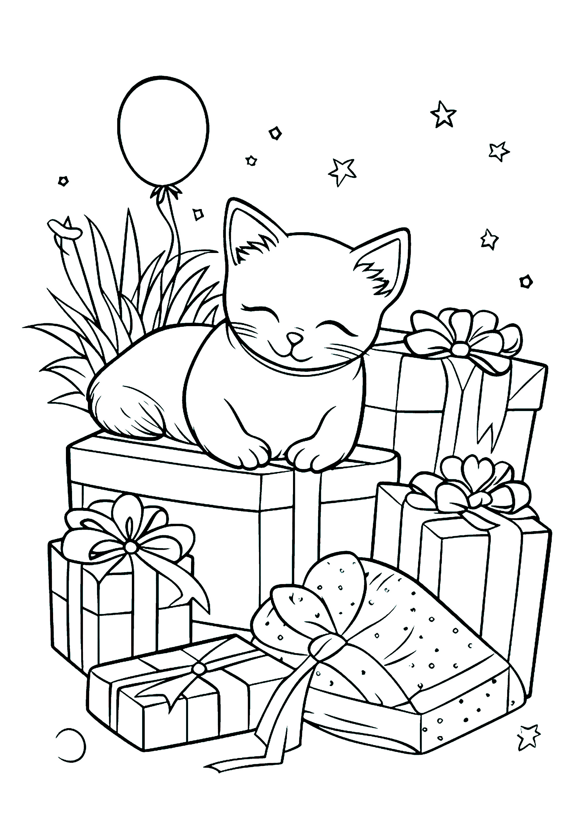 Un gato y muchos regalos envueltos
