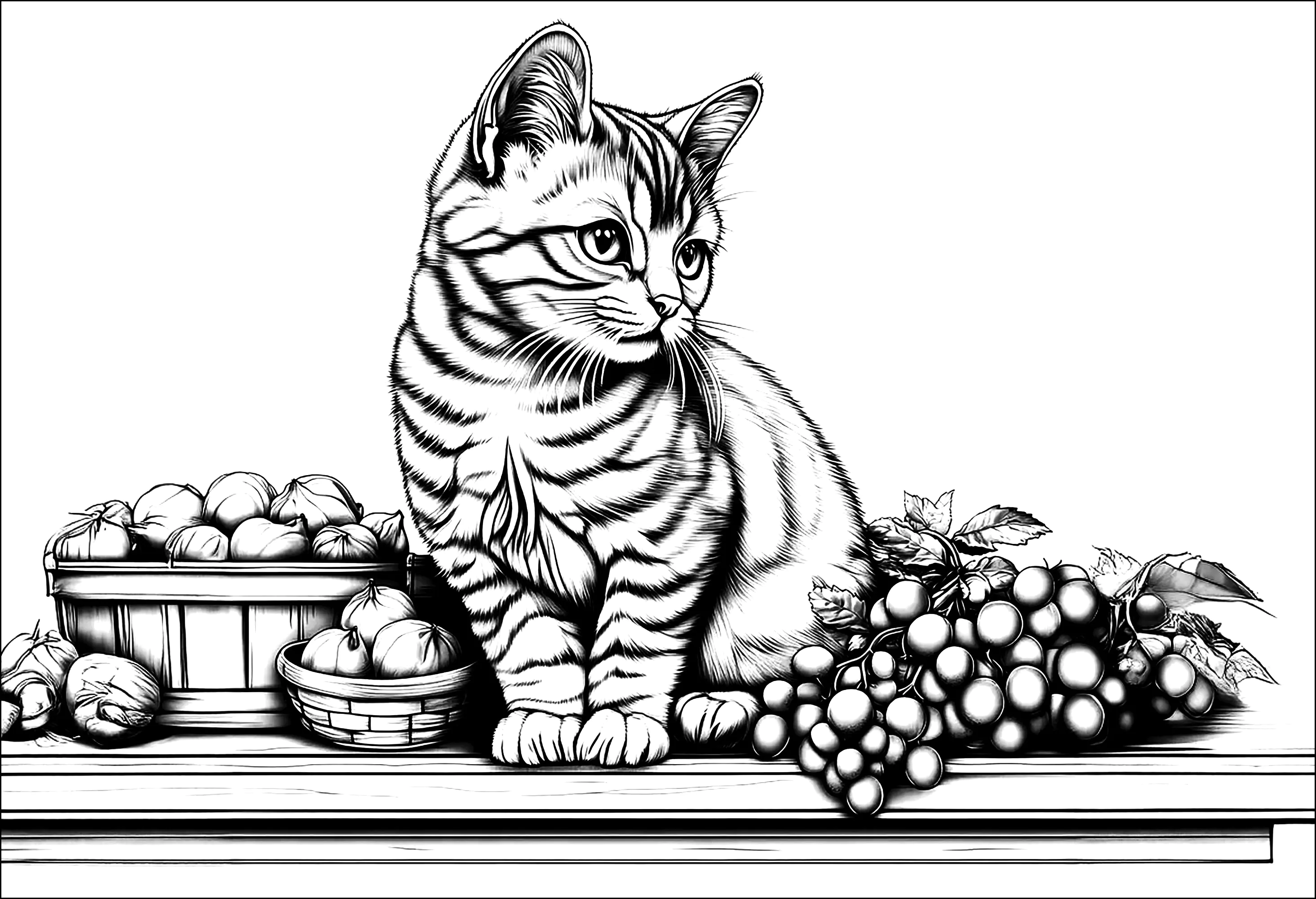Bonito gato entre la fruta (Página para imprimir para niños)