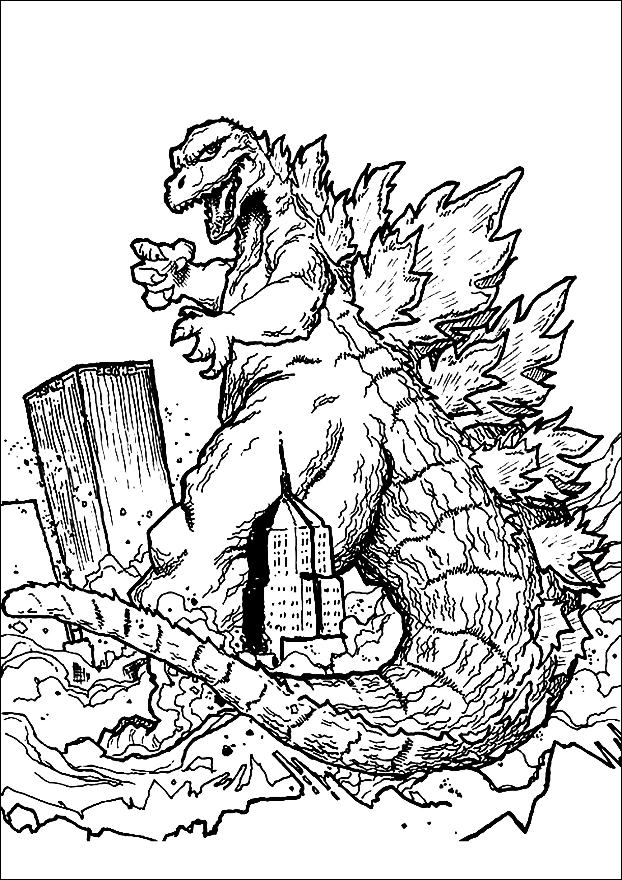 Destruyendo todo a su paso (Página de Godzilla para imprimir para niños)