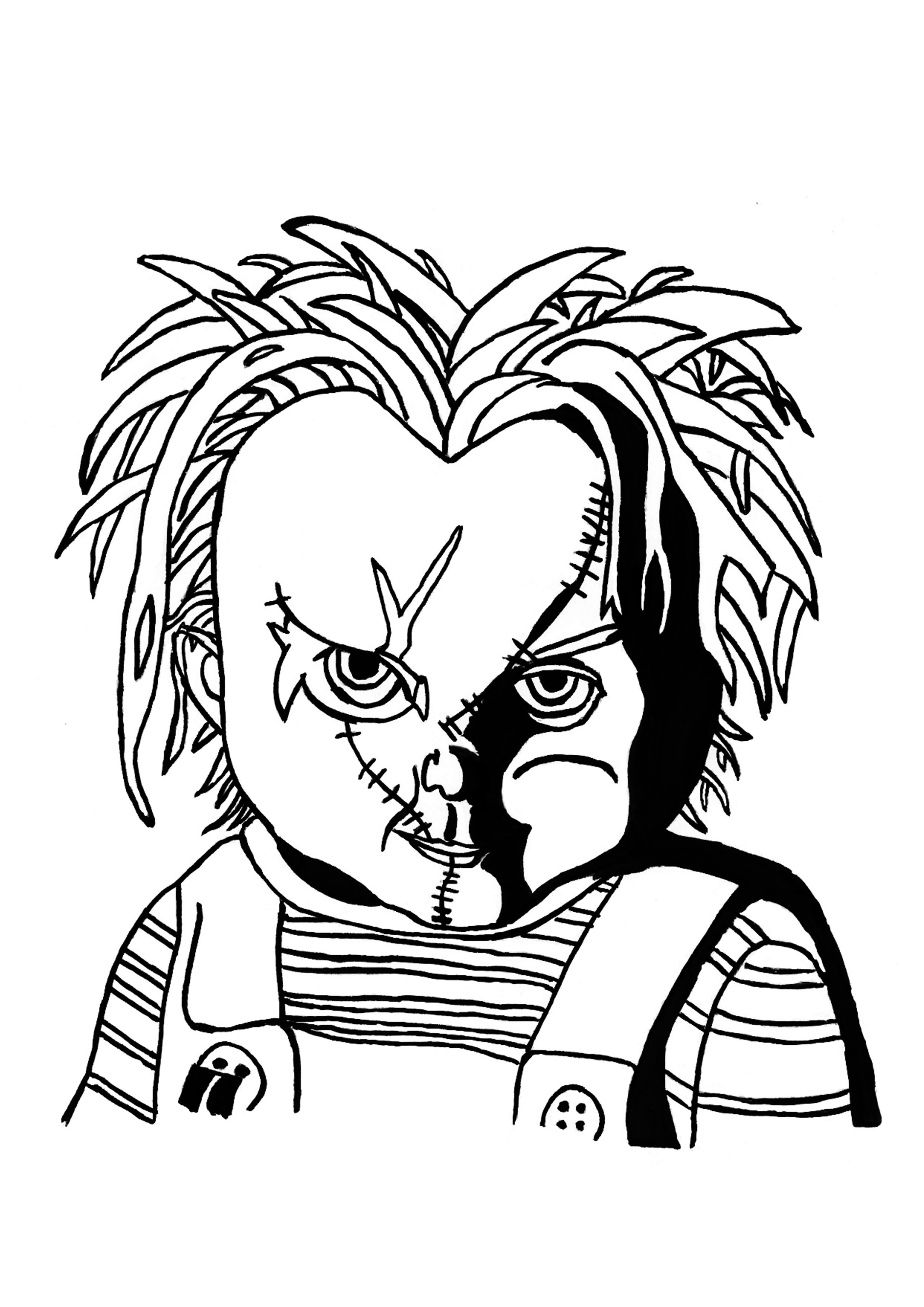 Retrato del terrorífico muñeco Chucky, para colorear en Halloween