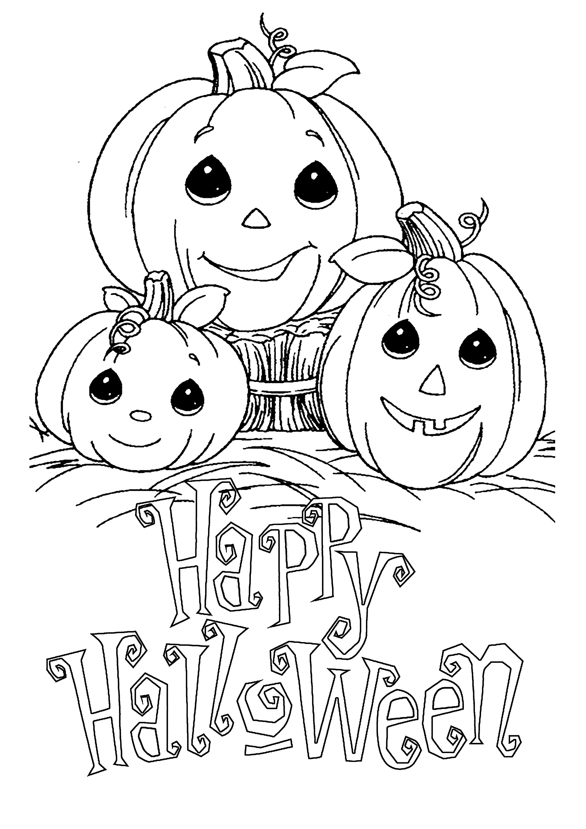 Tres bonitas calabazas de Halloween. Colorea estas tres calabazas y el texto 'Feliz Halloween'.
