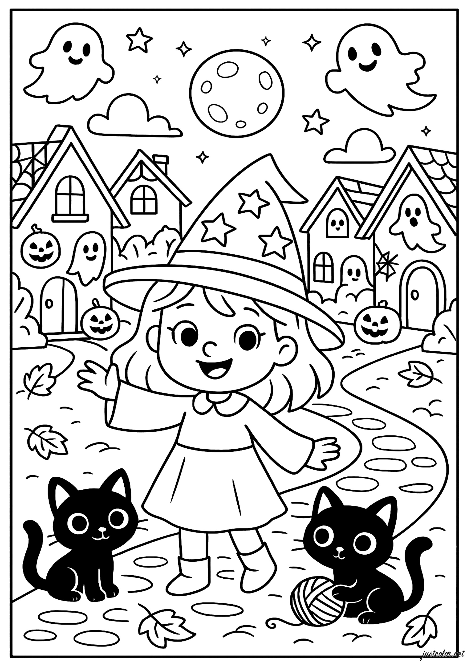 Pequeña bruja y sus amigos felinos (Página de Halloween para imprimir para niños)