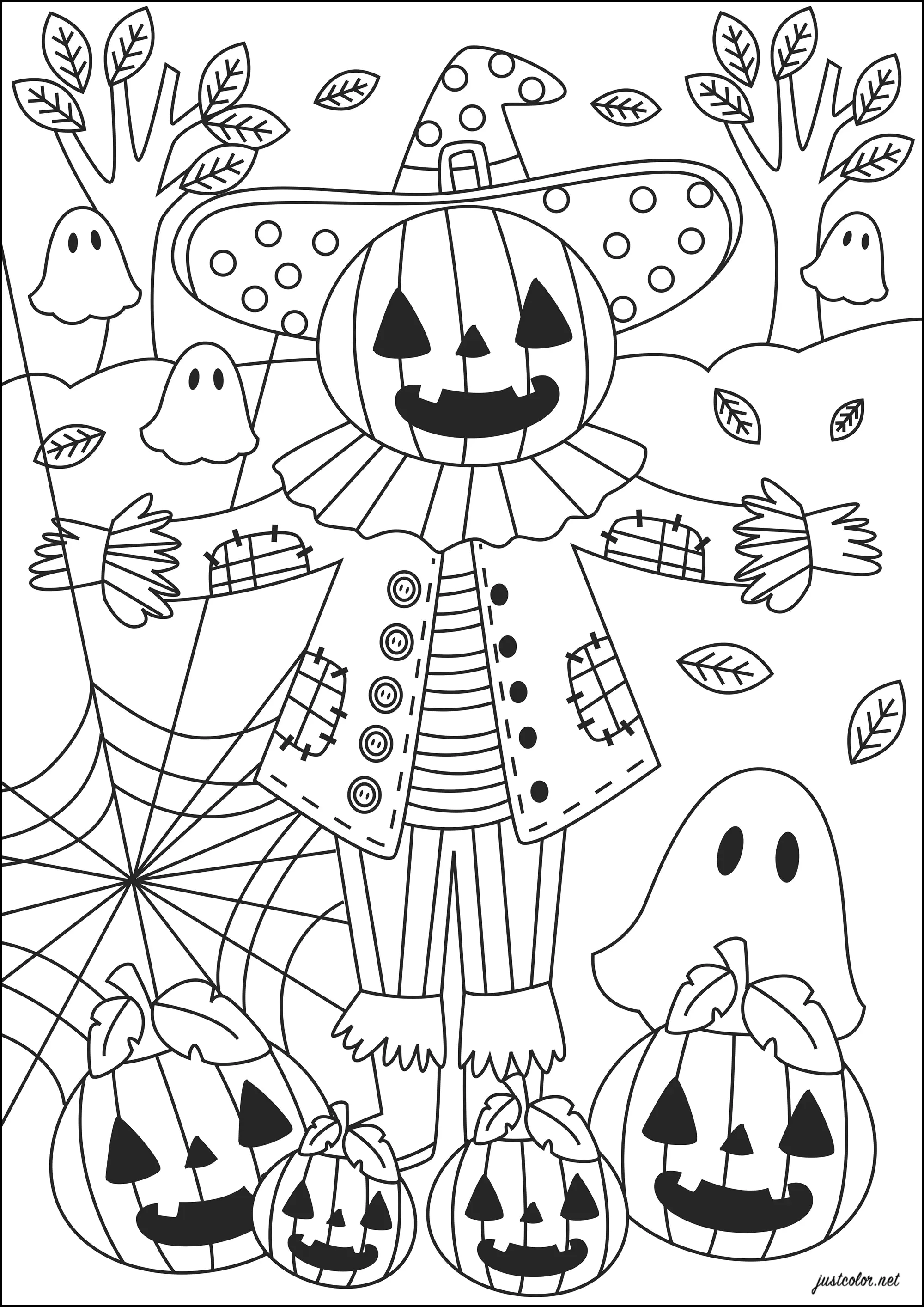 Espantapájaros con calabazas y fantasmas (Página de Halloween para imprimir para niños)