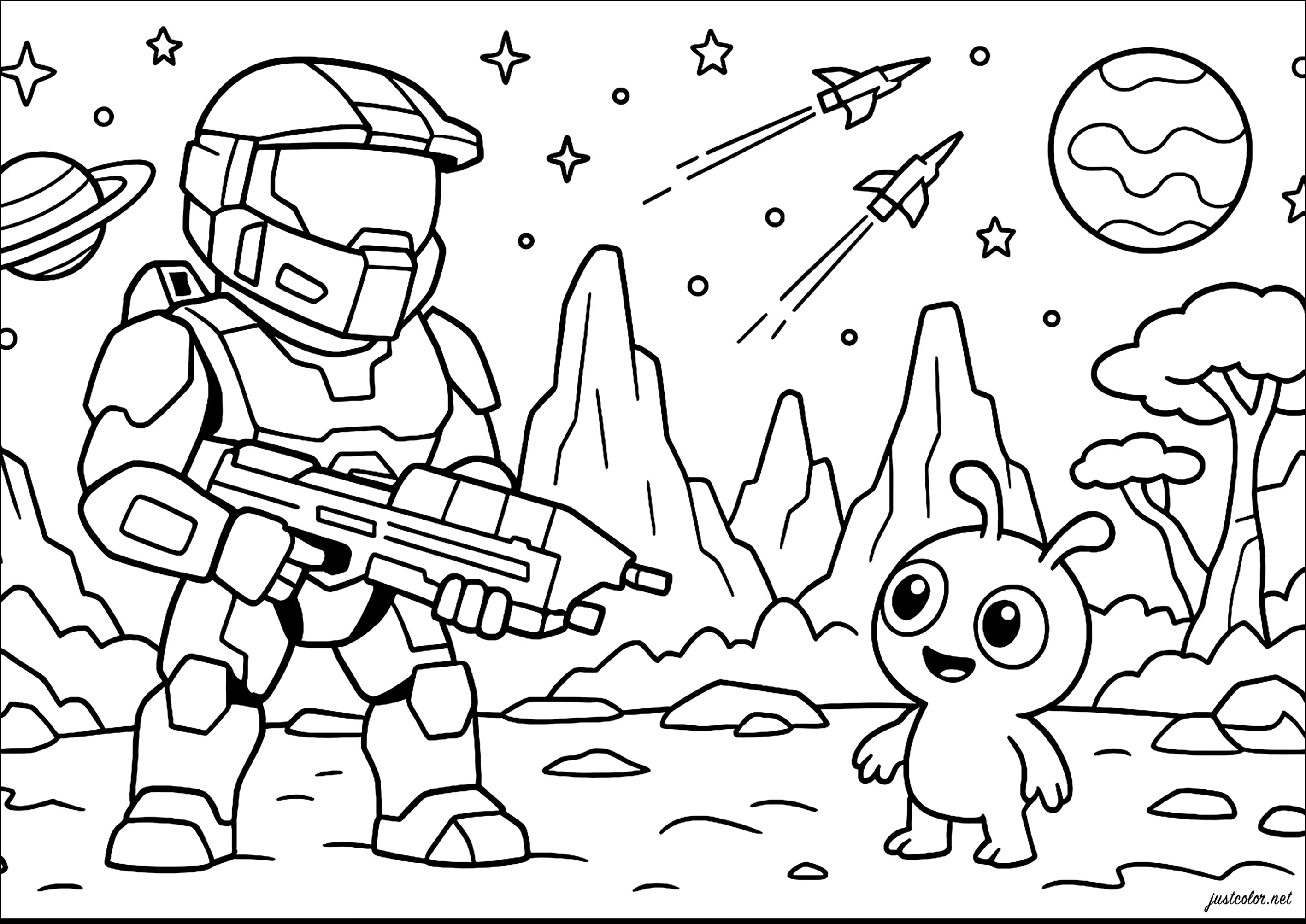 El Soldado y su Compañero Alienígena (Página de Halo para imprimir para niños)