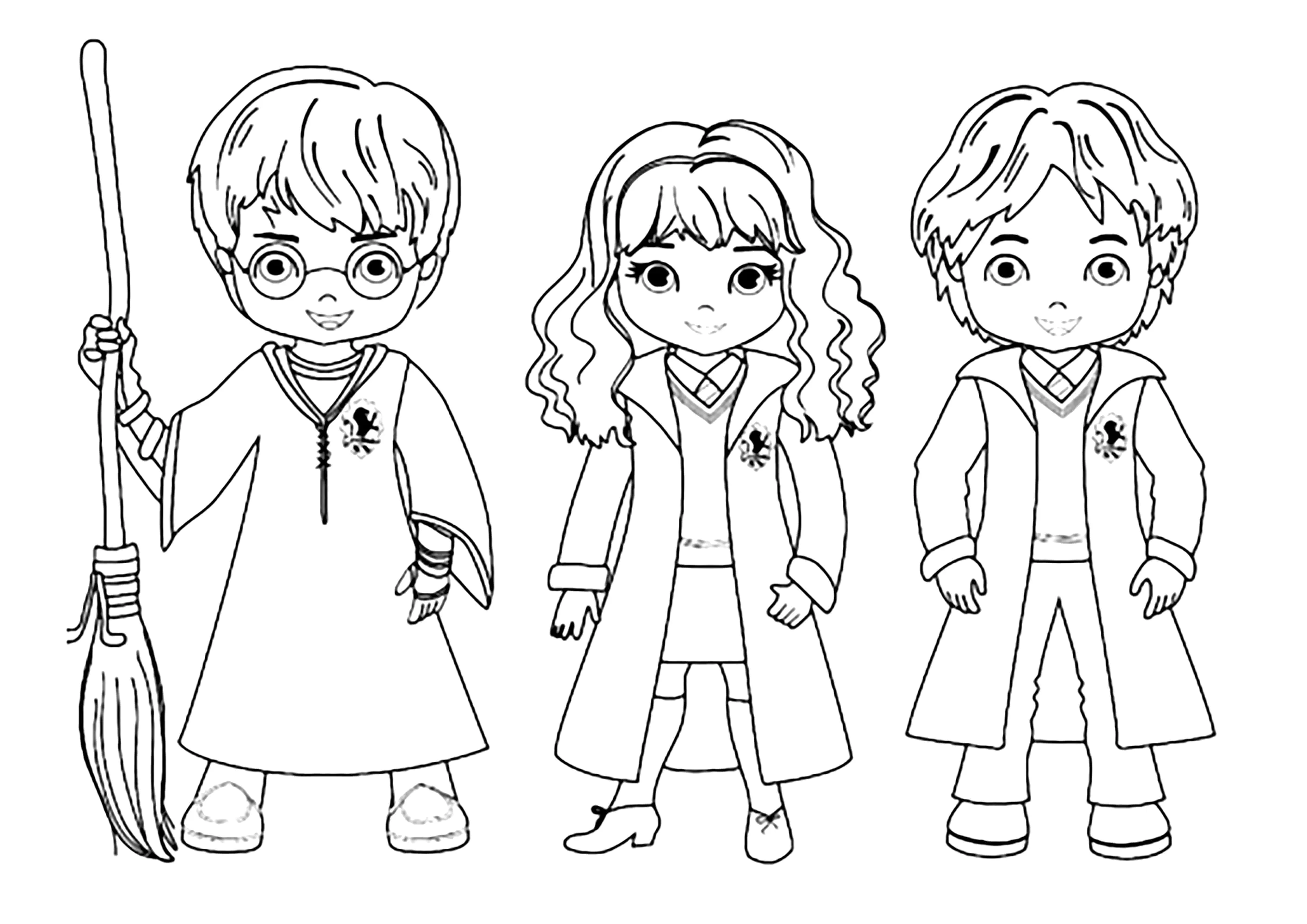 Harry, Ron y Hermione, dibujados en estilo kawaii (Página de Harry Potter para imprimir para niños)