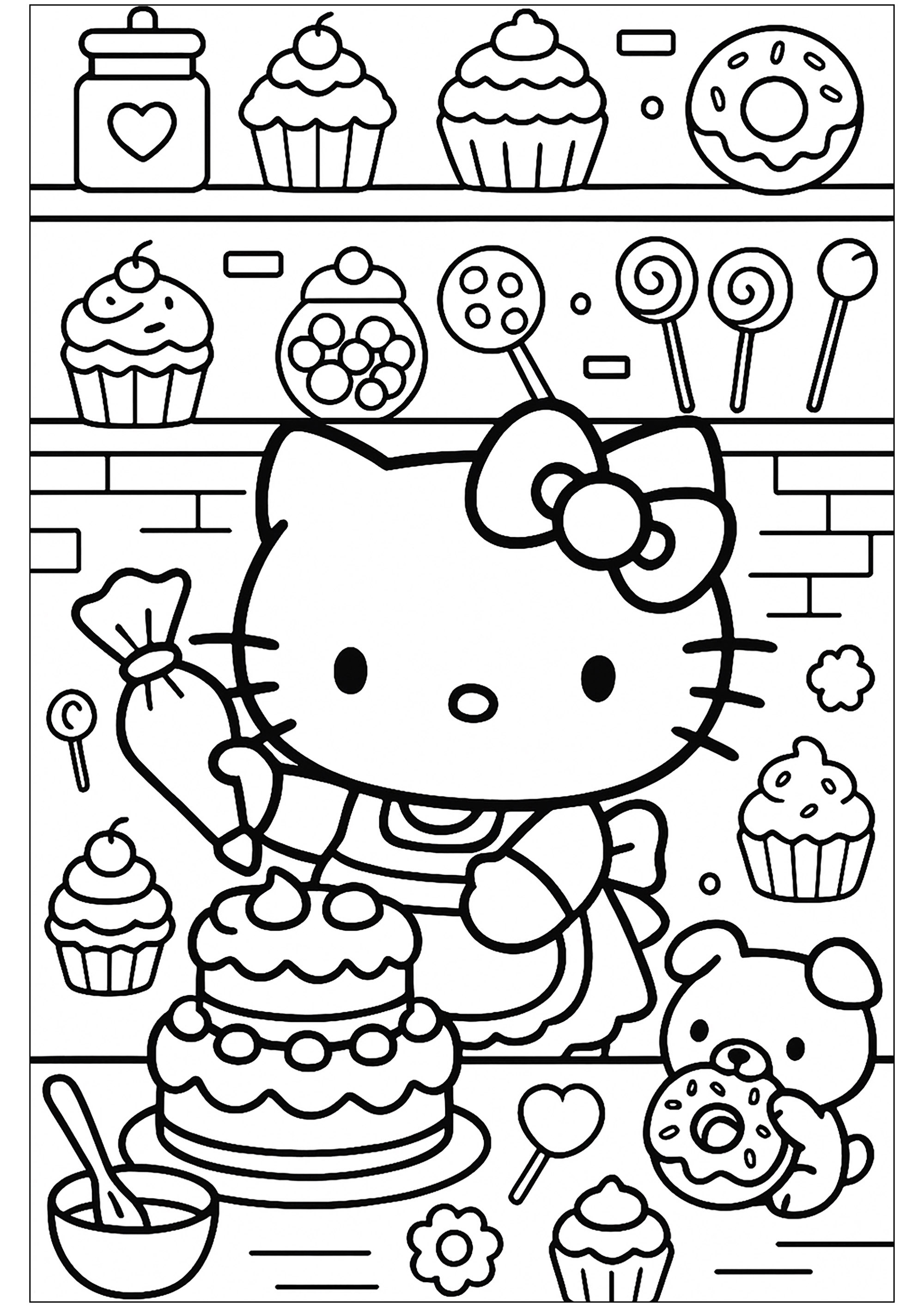 Hola gatito prepara un pastel - Páginas de Hello kitty para imprimir