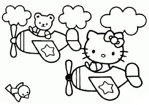 Hello Kitty y su osito de peluche en un avión (Página para imprimir)
