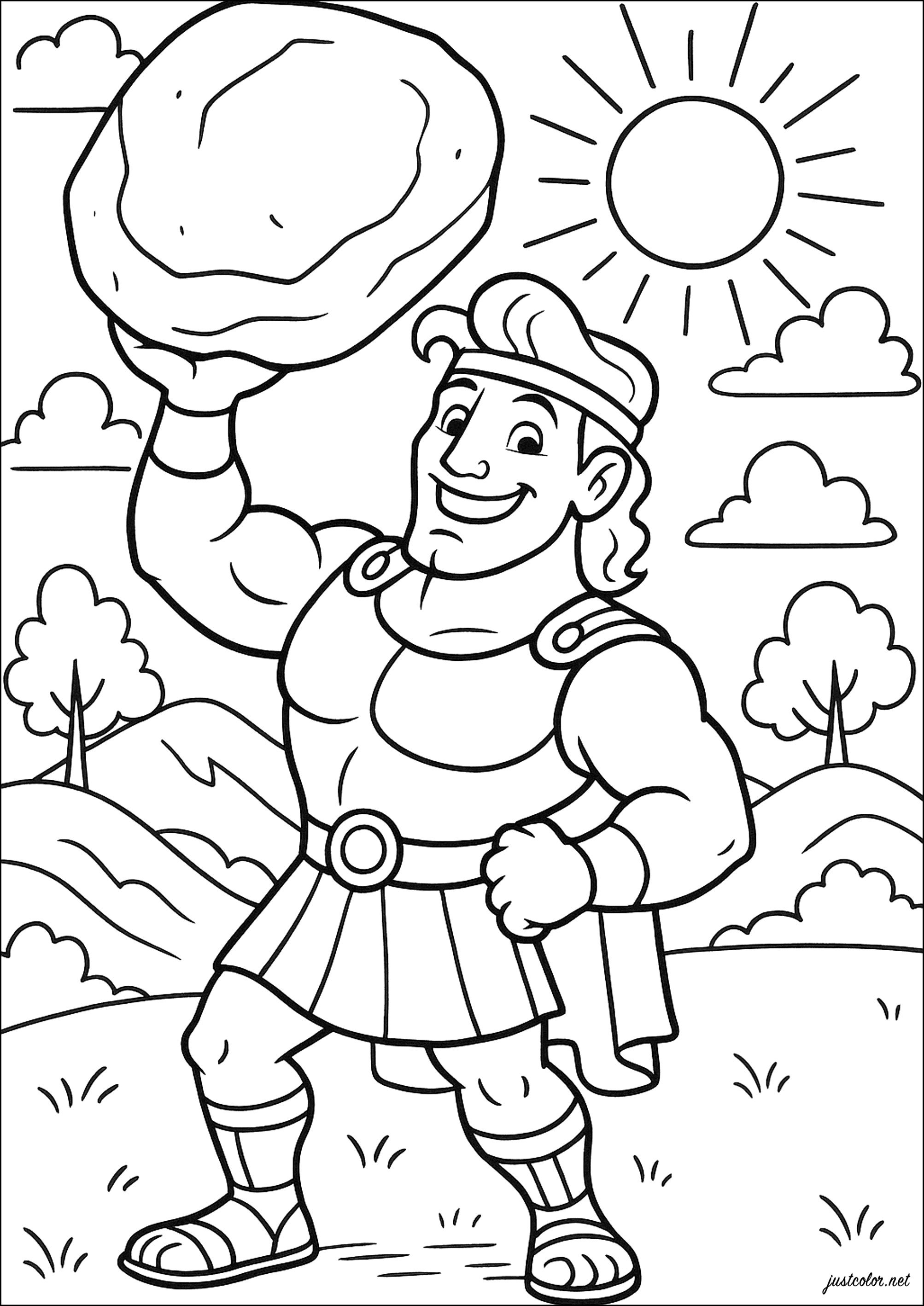 El héroe antiguo llevando una piedra gigante (Página de Hércules para imprimir para niños)