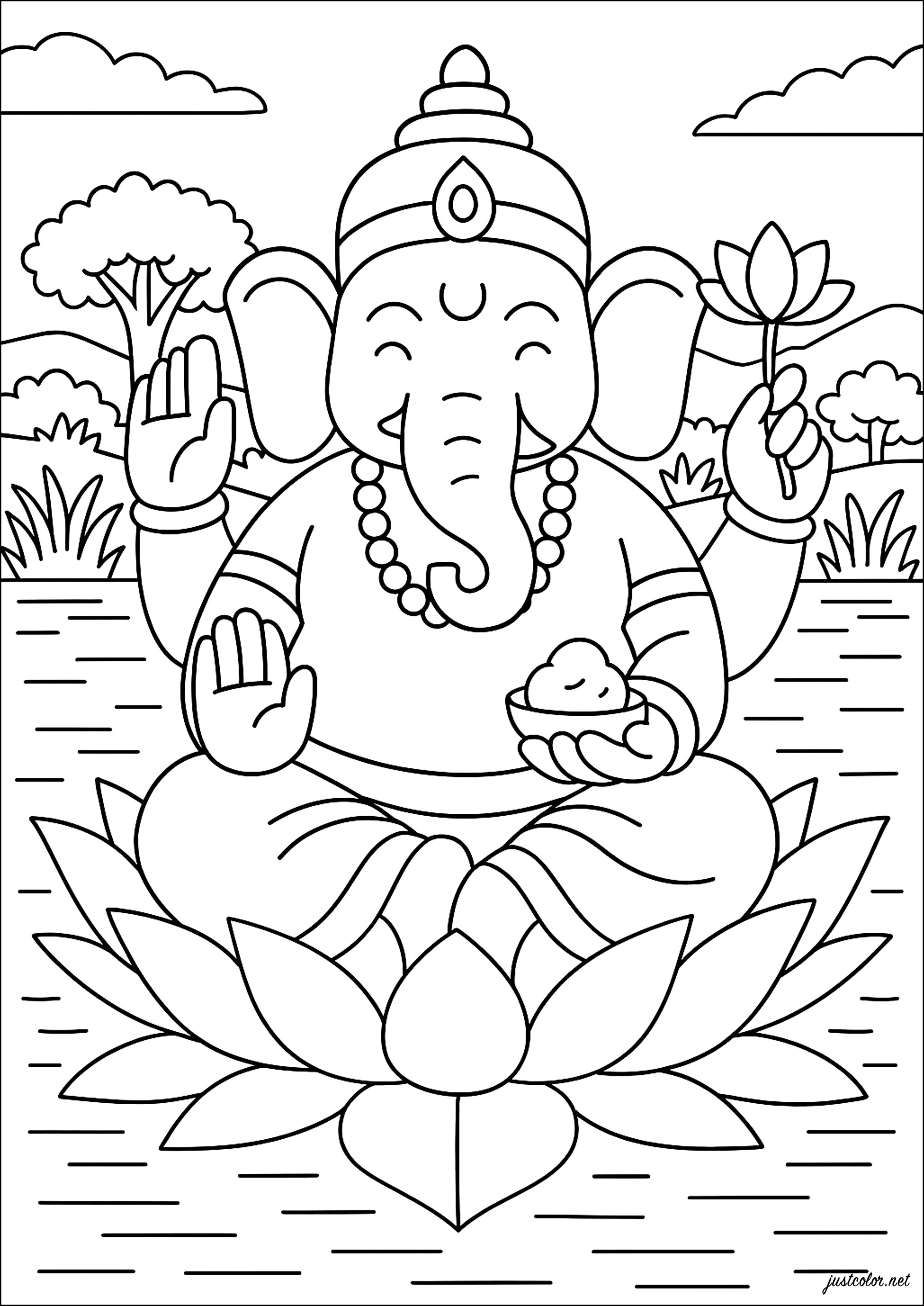 Ganesh, Dios de la Sabiduría y las Buenas Energías (Página de Hinduismo para imprimir para niños)