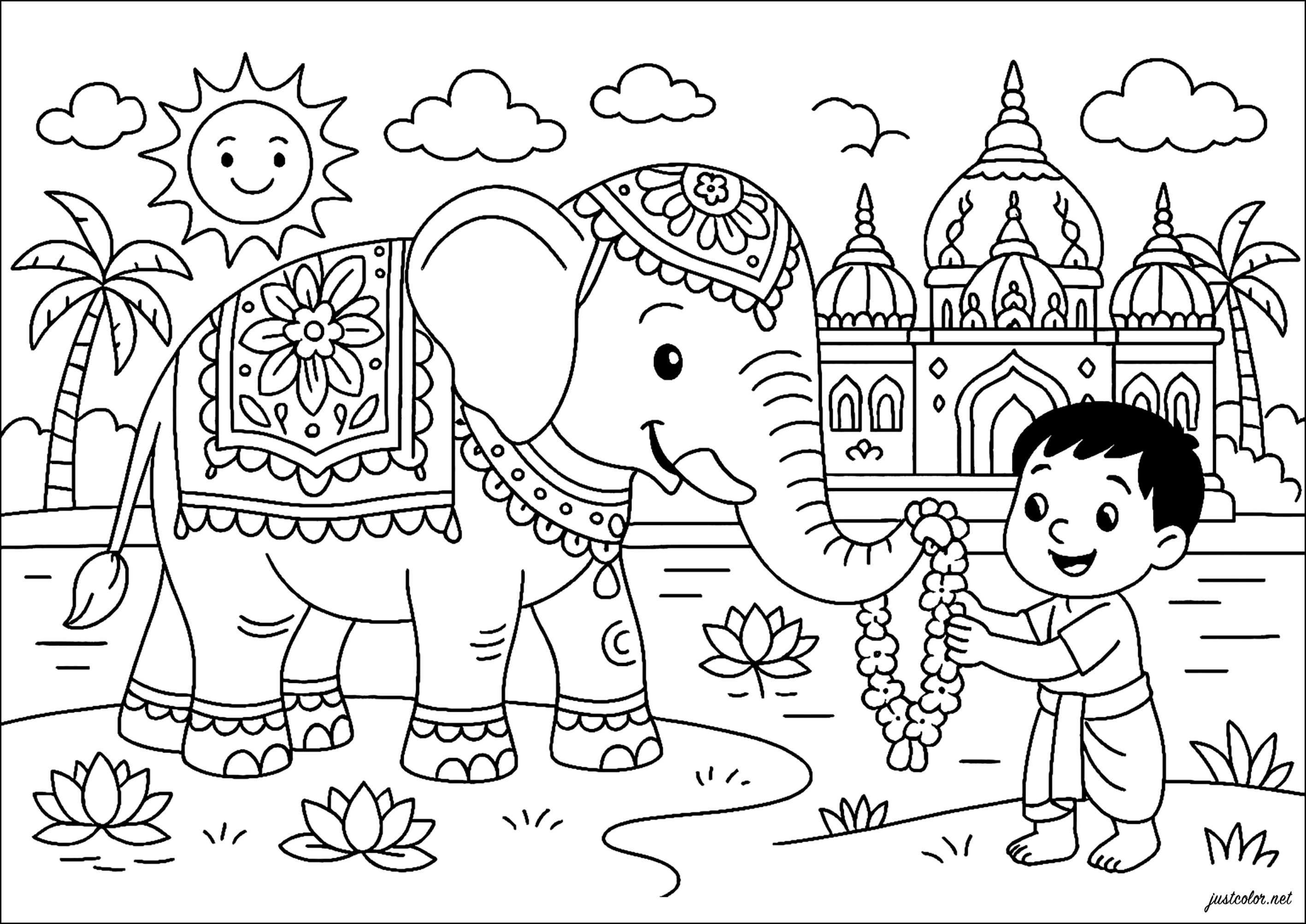 Elefante sagrado y Taj Mahal (Página de Hinduismo para imprimir para niños)
