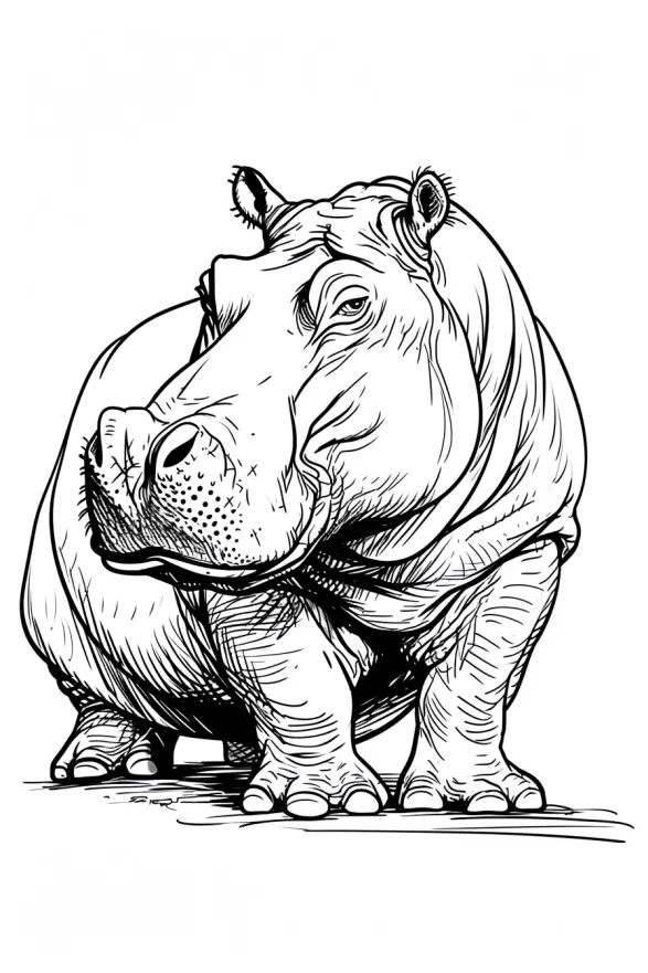 Dibujo realista de un Hipopótamo (Página para imprimir para niños)