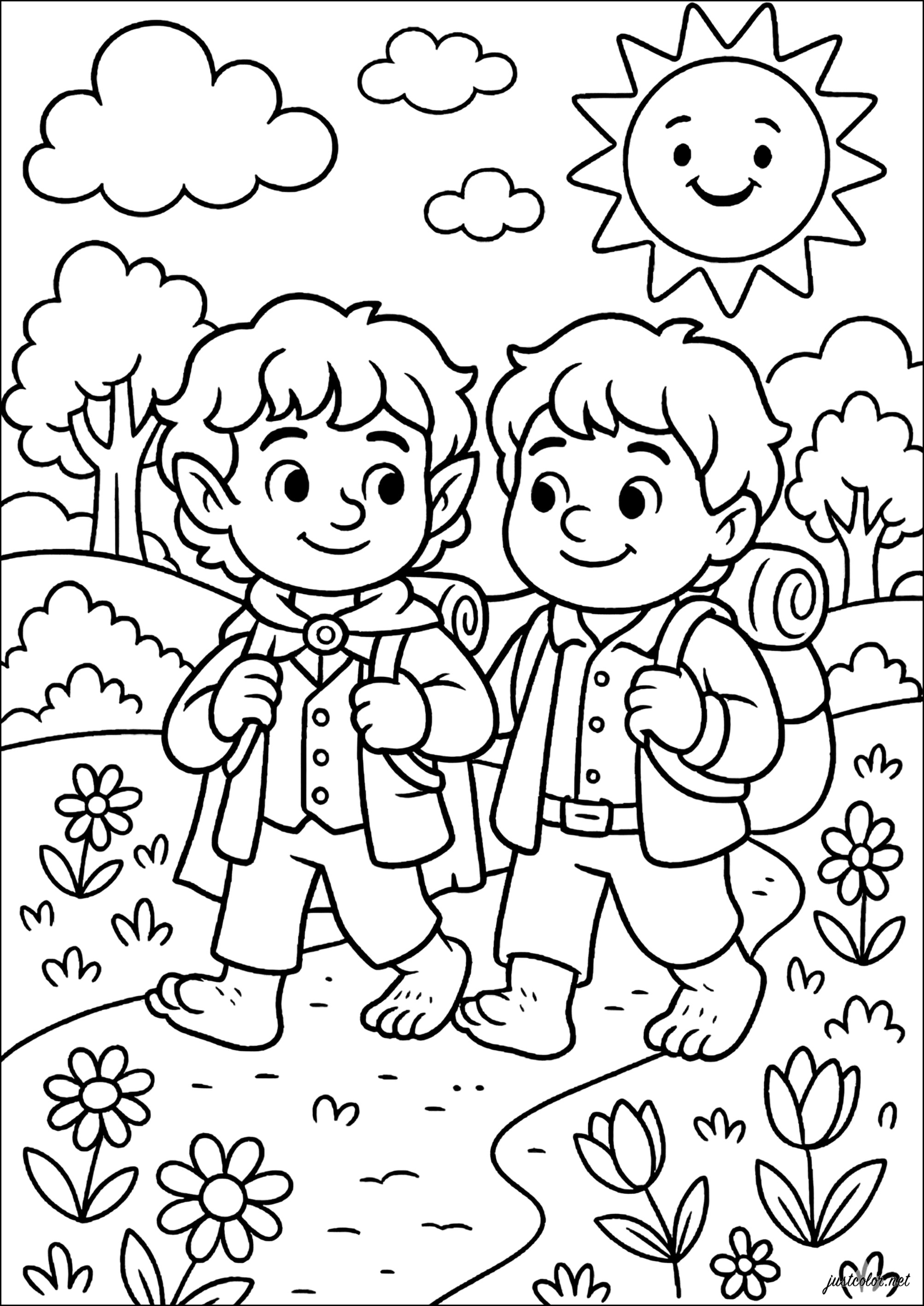 Aventura de dos pequeños exploradores (Página de El Hobbit para imprimir para niños)