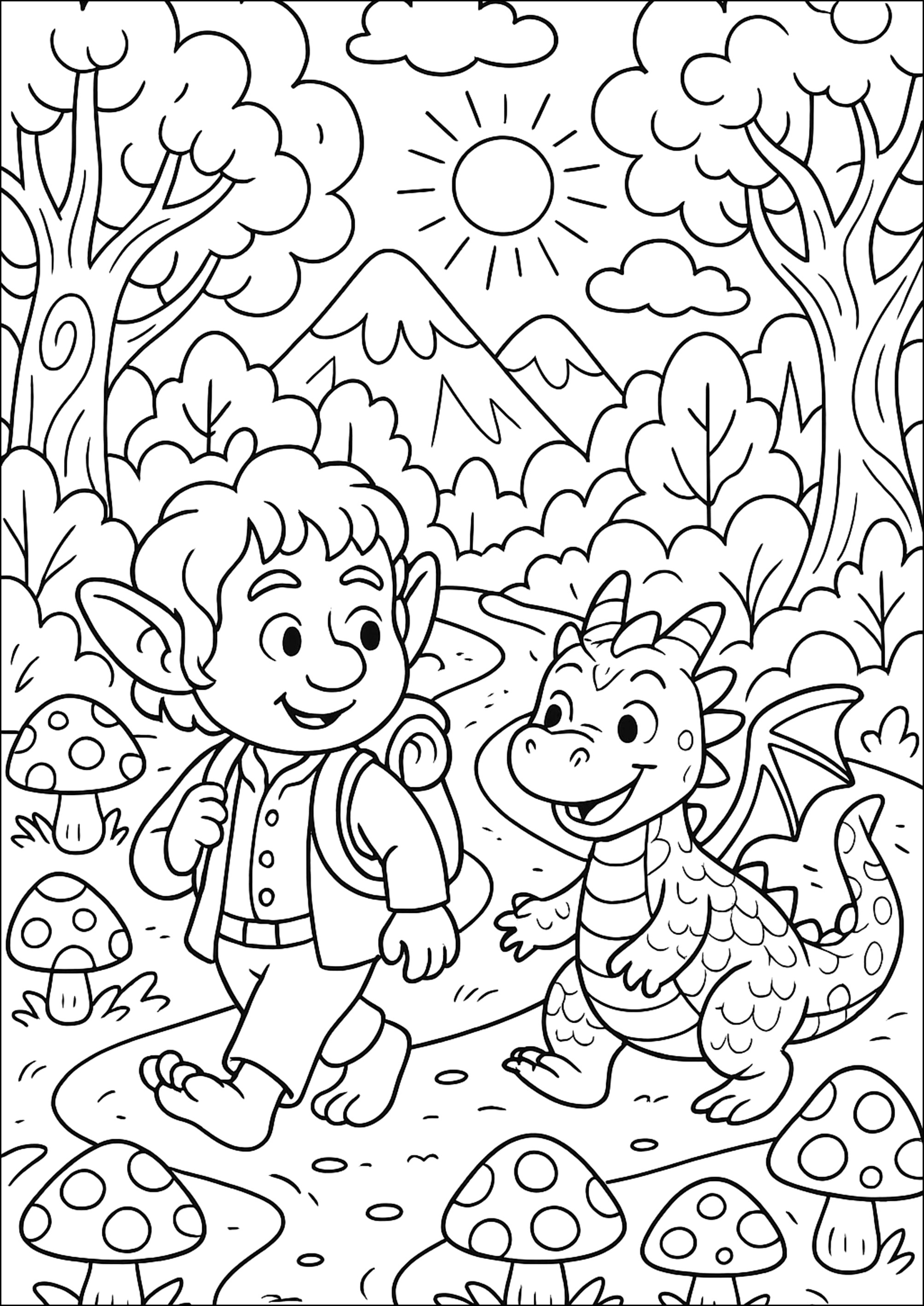 Bilbo y su compañero dragón (Página de El Hobbit para imprimir para niños)